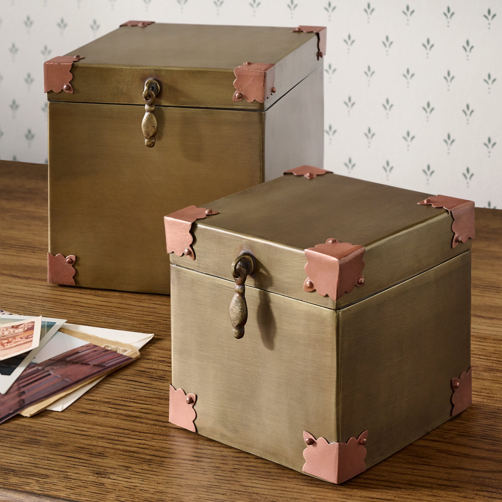 Brass and Copper Decorative Box in a room Items range from $28.00 to $38.00