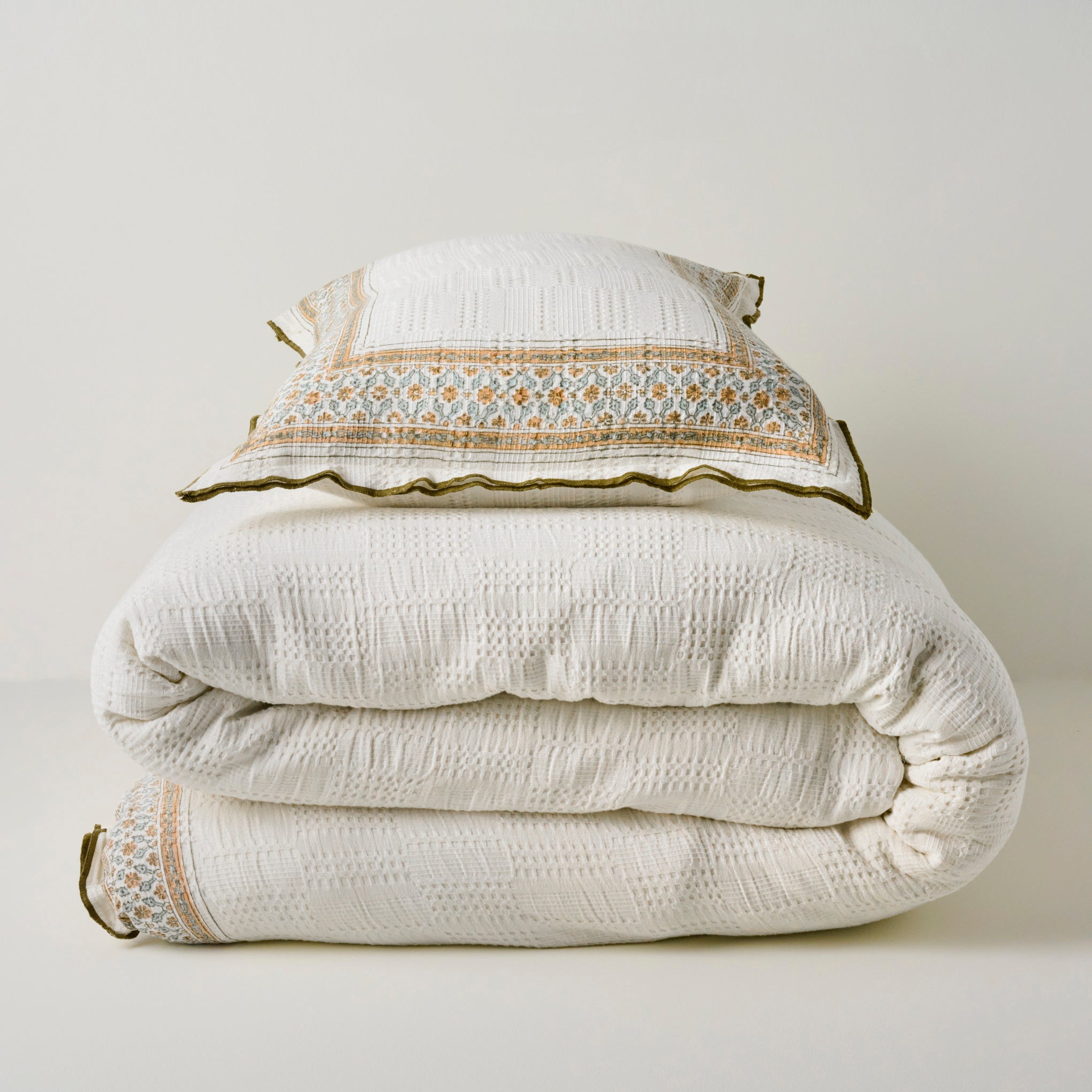 Clemence Block Print Duvet shown with sham Items range from $198.00 to $228.00