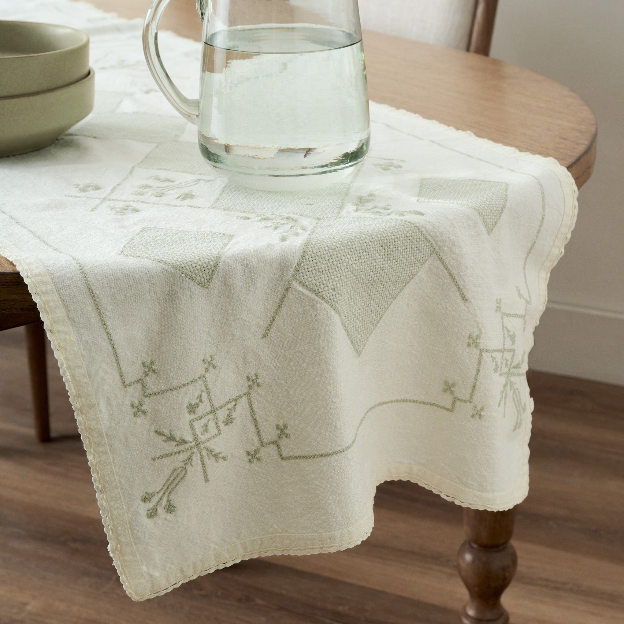 Heirloom Embroidered Table Runner shown on table $60.00