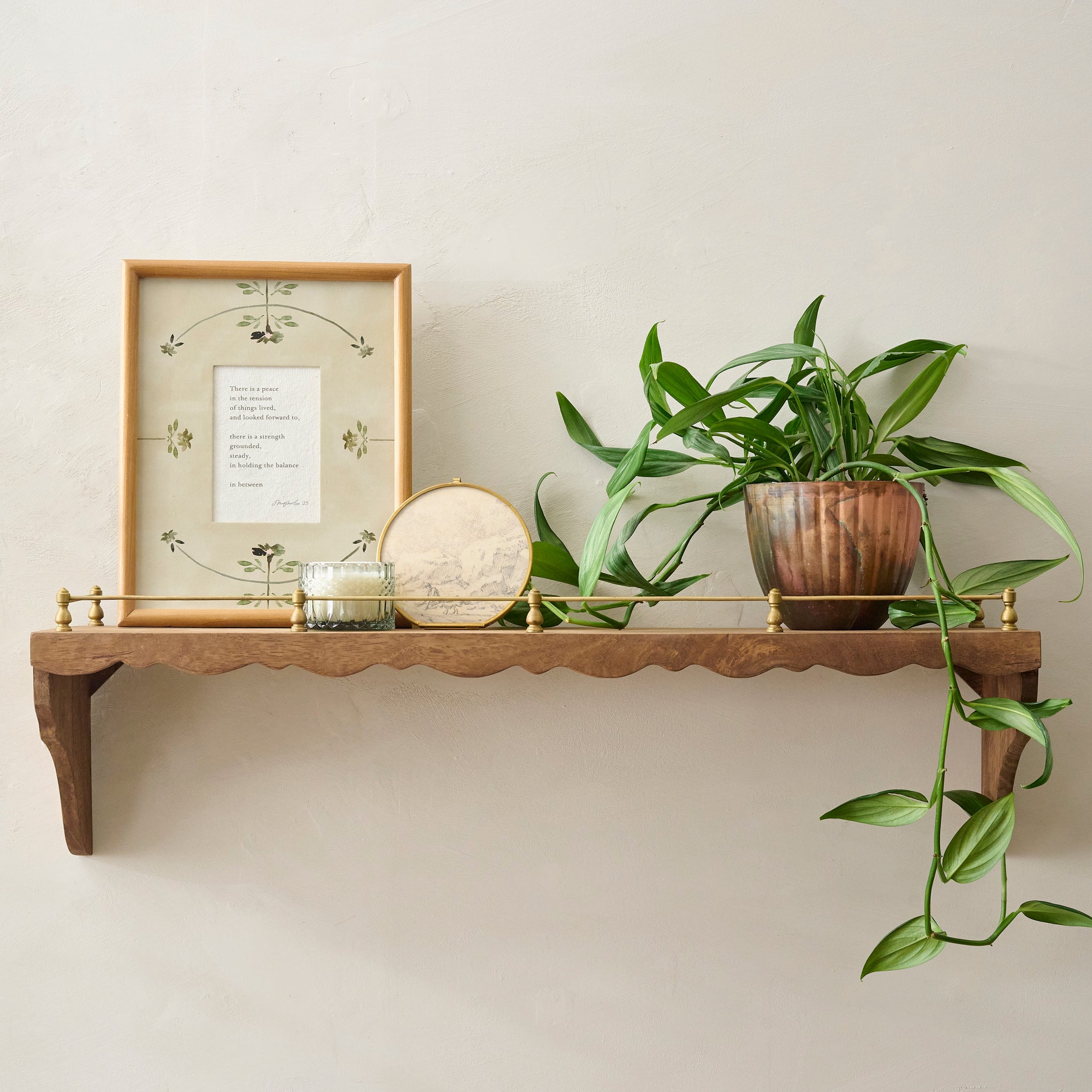 Large Quinn Wood and Brass Railing Shelf shown styled Items range from $68.00 to $98.00