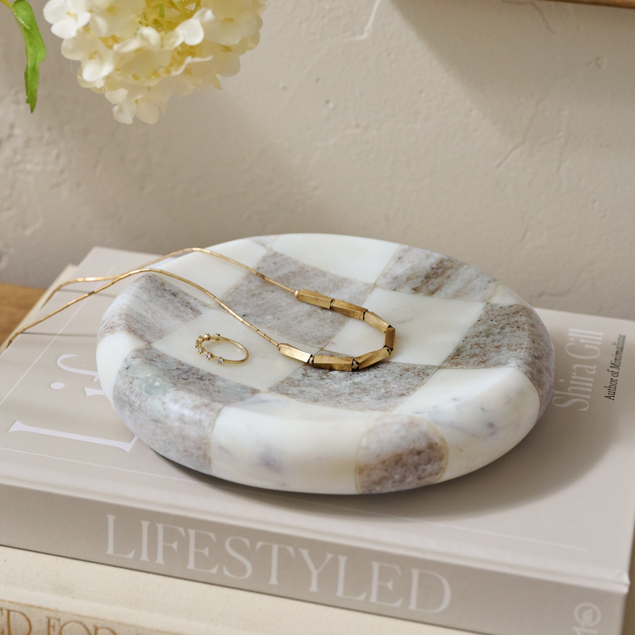 Everett Checkered Marble Trinket Tray shown with jewelry $28.00