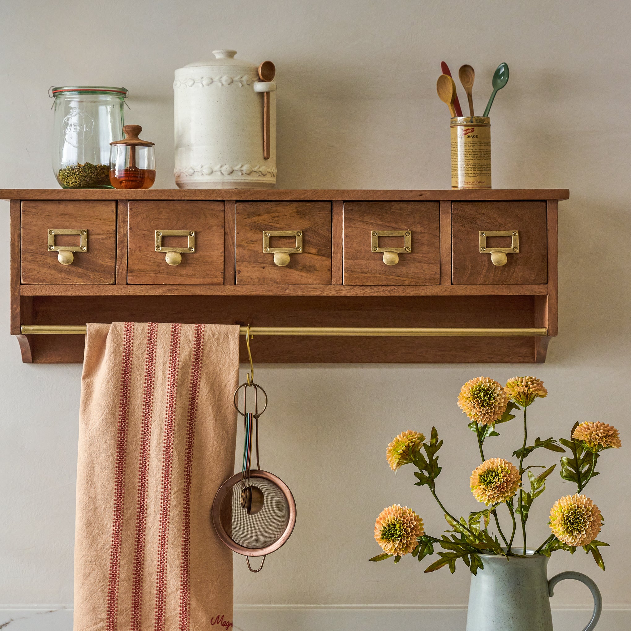 Cole Wooden Wall with Drawers and Rail shown styled