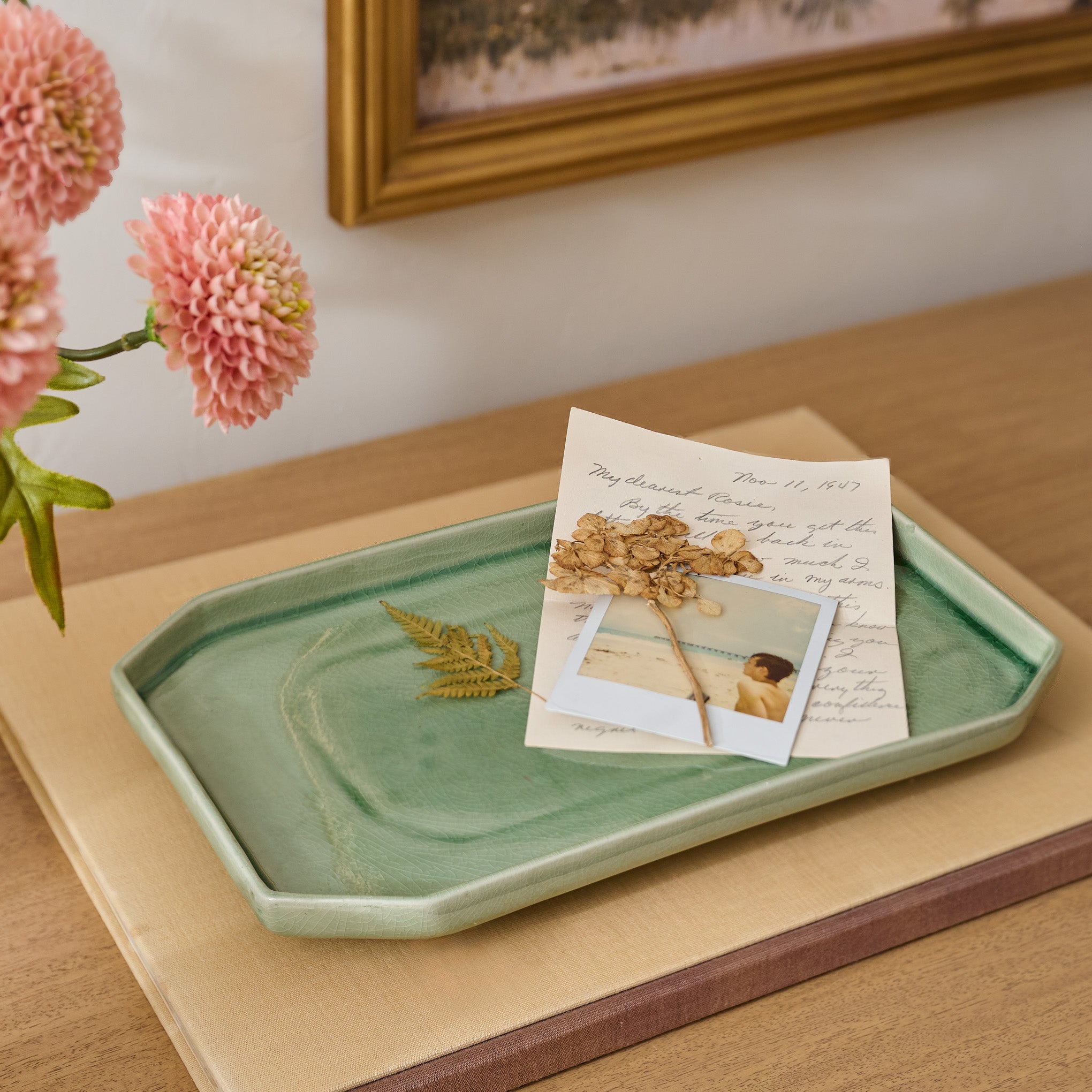 Large Jonah Green Ceramic Tray shown with decor Items range from $14.00 to $24.00