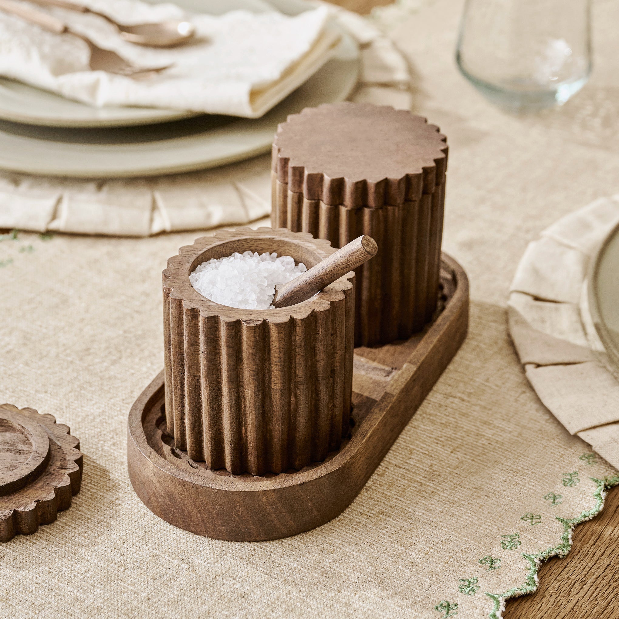 Antiqued Wood Scalloped Pinch Pot Set shown with salt $40.00