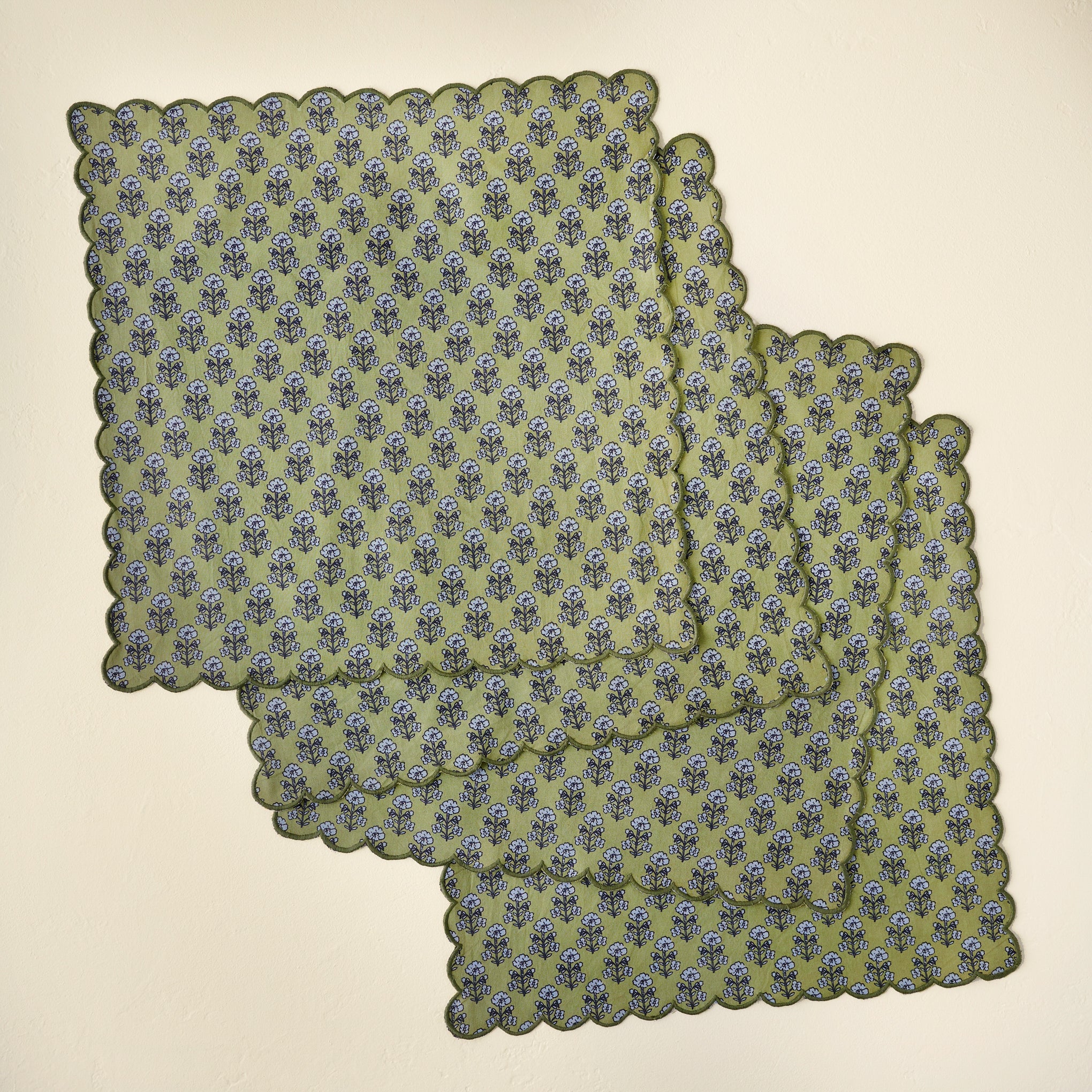 Antique Jade Scallop Edge Block Print Napkin $40.00