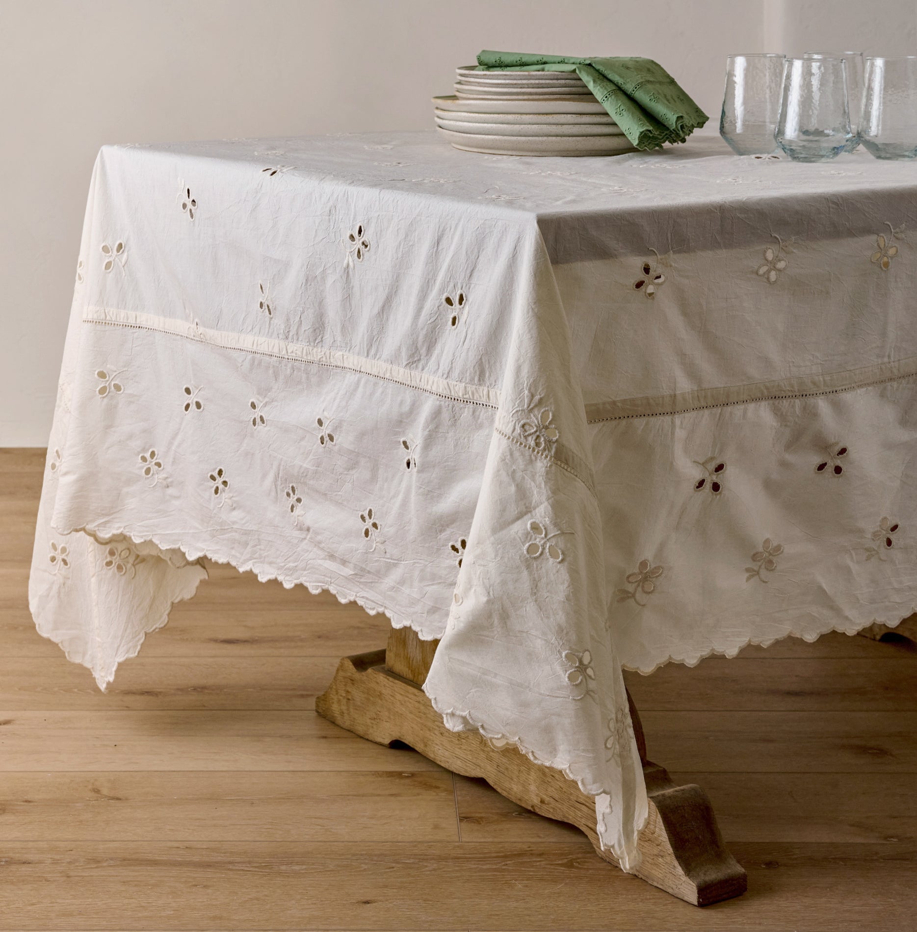 Antique White Eyelet Tablecloth shown on table $80.00