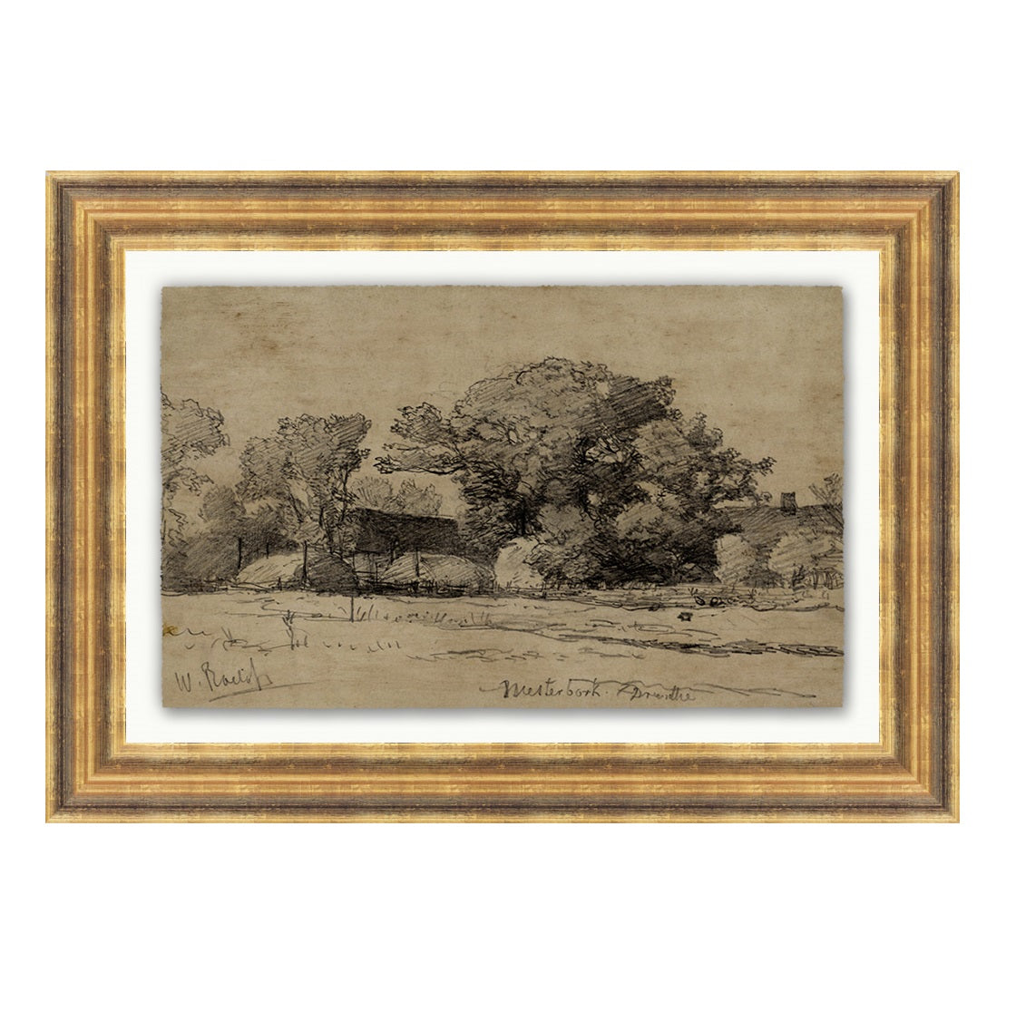 Framed art called Farmland Study shows  serene landscape of sketched foliage and wild brush sized 10" x 14"