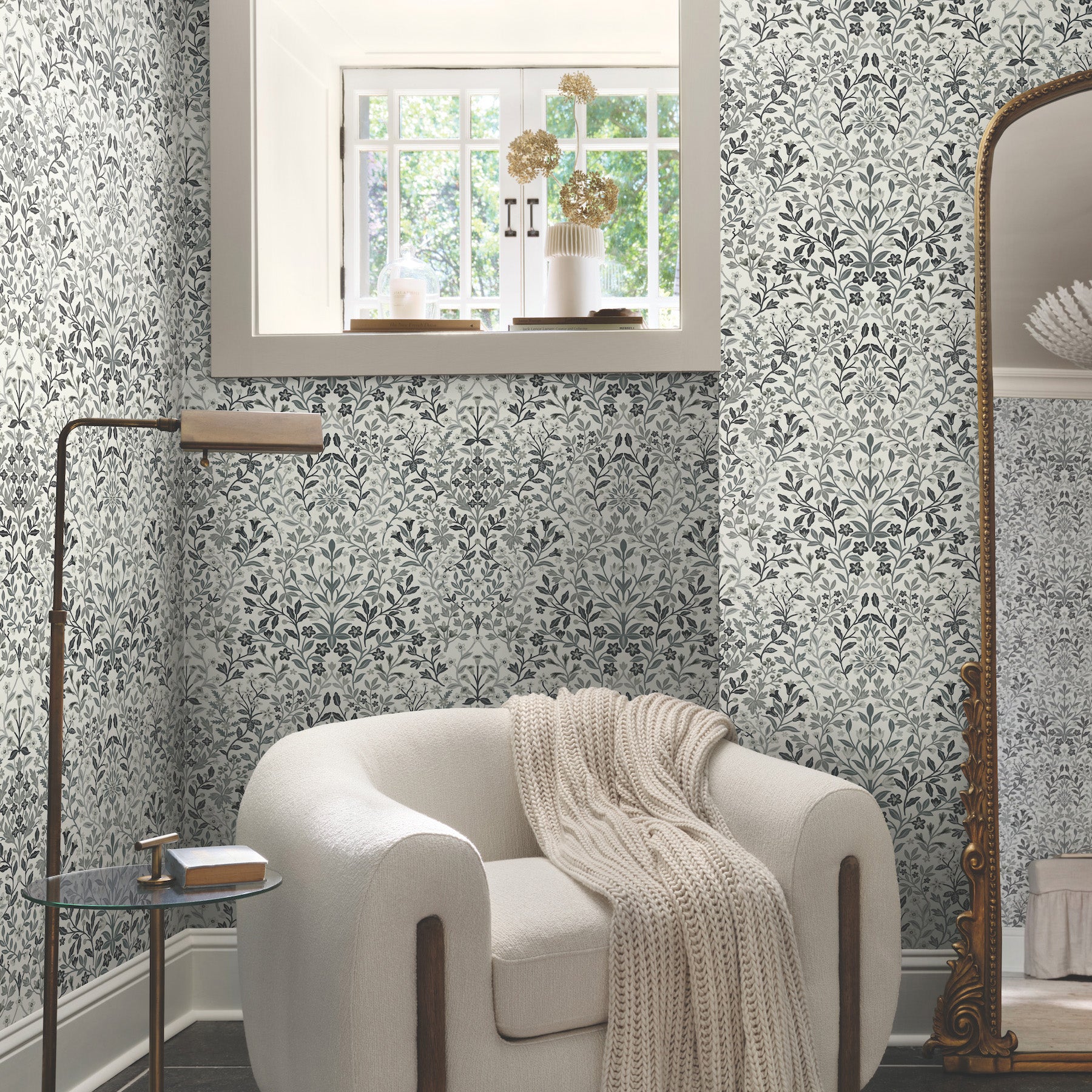 Garden Terrace Wallpaper in black and white shown in room $140.00