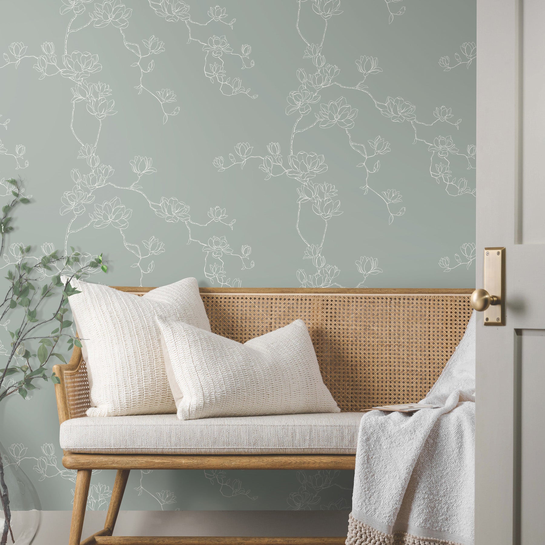 Magnolia Branches Wallpaper in eucalyptus shown in room $140.00