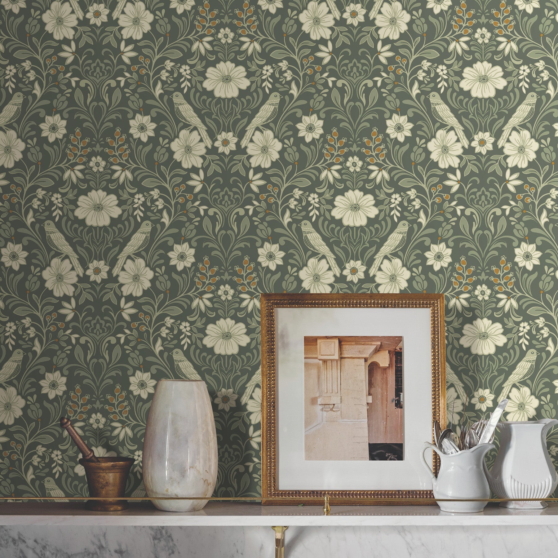 Colette Wallpaper in olive shown on wall $140.00
