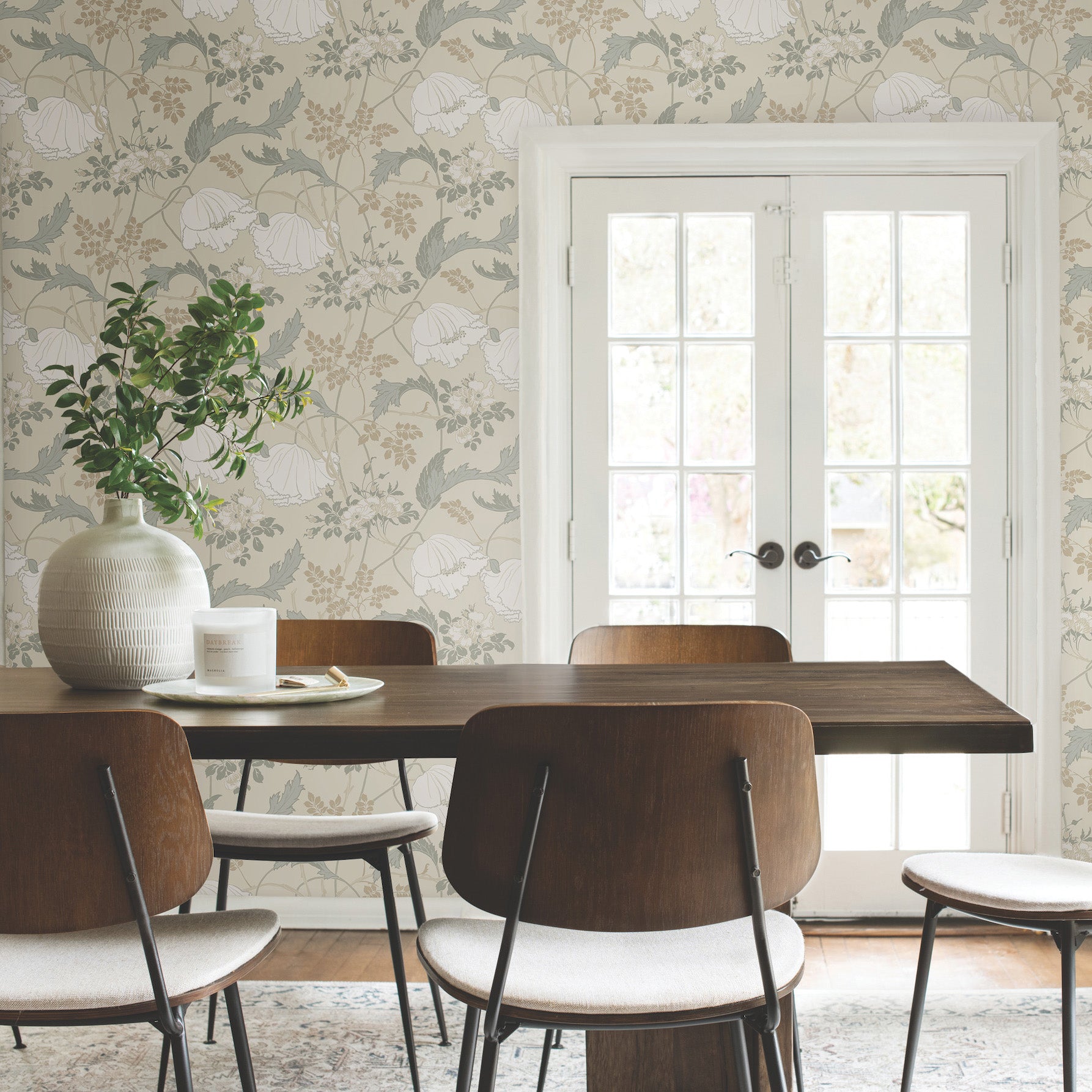 Gwendolyn Wallpaper in Ivory and Grey shown in room  $140.00