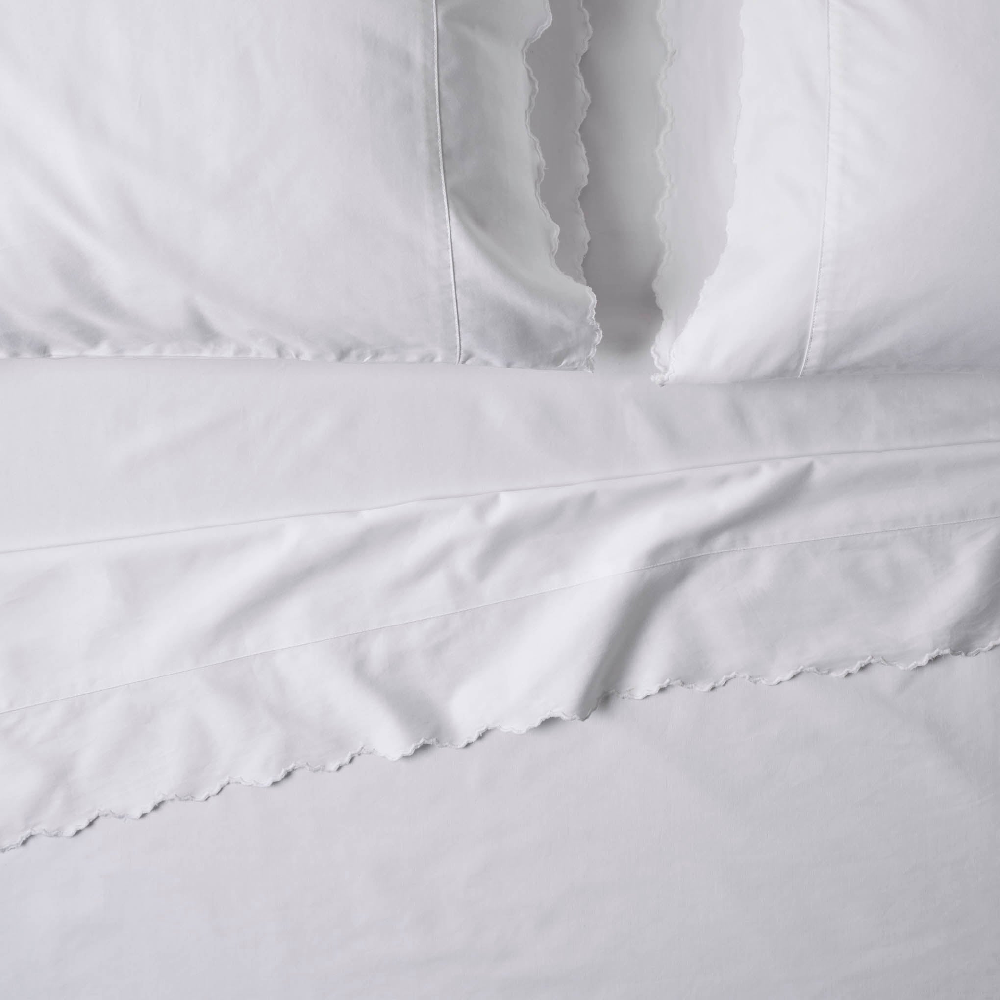 Optic White Scalloped Edge Sheet Set Items range from $130.00 to $150.00