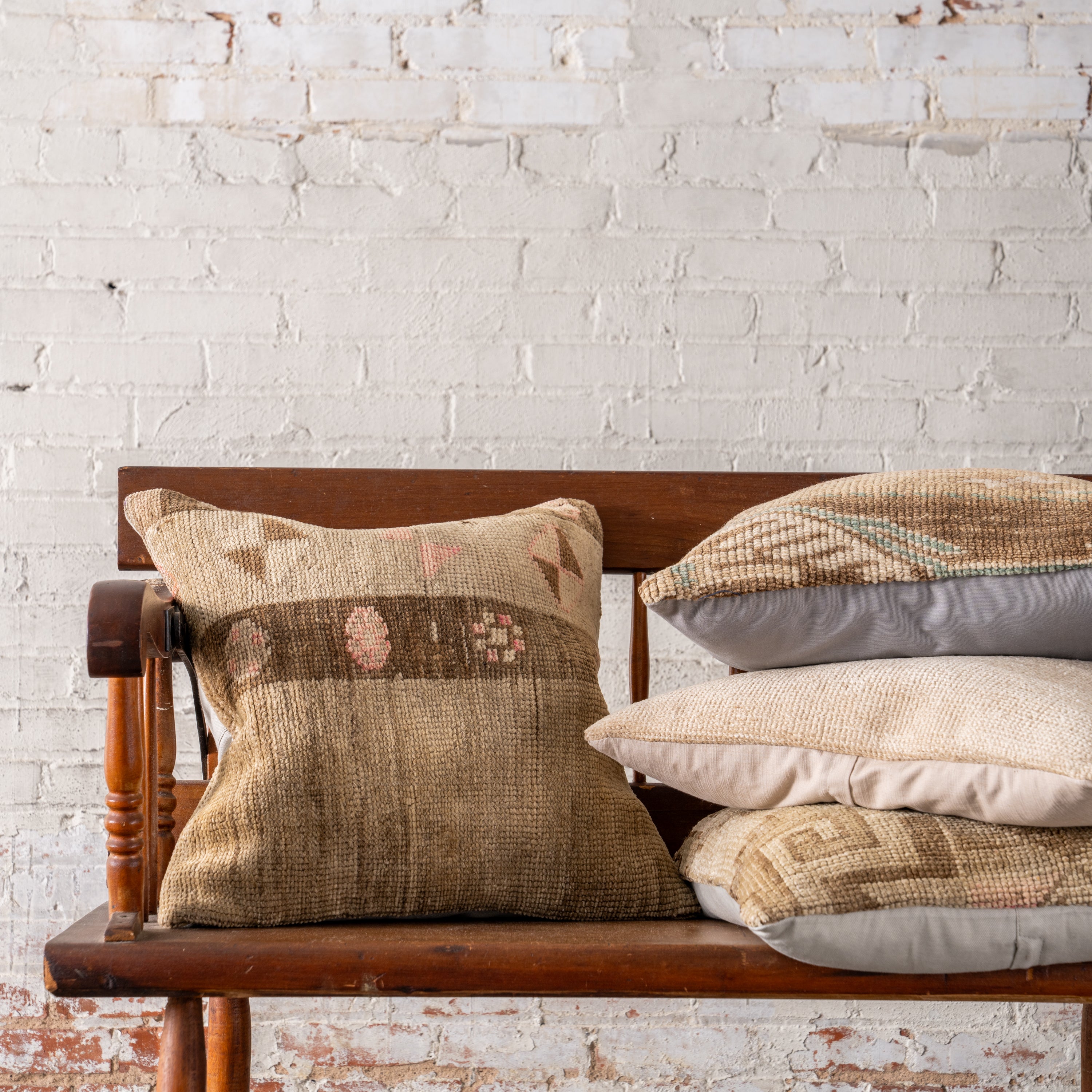 Vintage OAK Hand-Knotted Pillows on bench