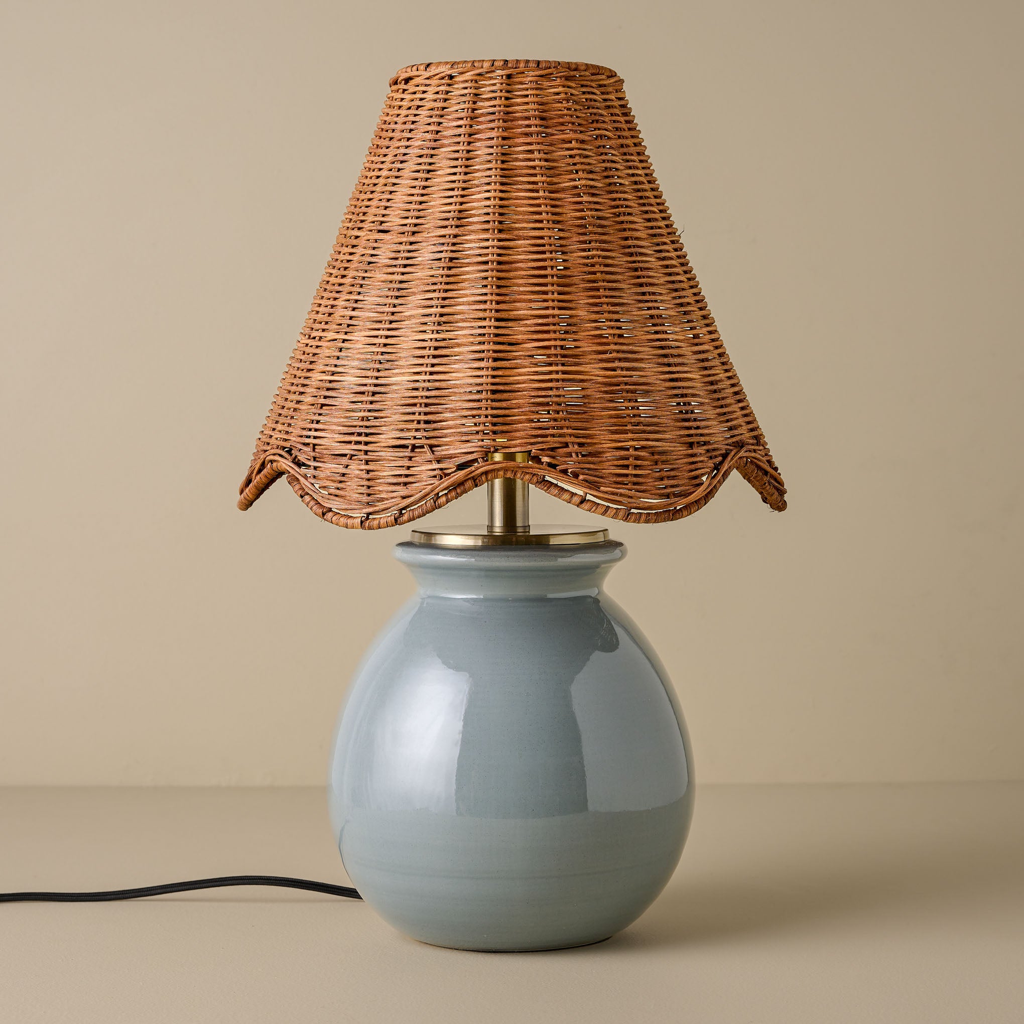 Olivia Table Lamp - Lake Blue with rattan scallop lamp shade $168.00