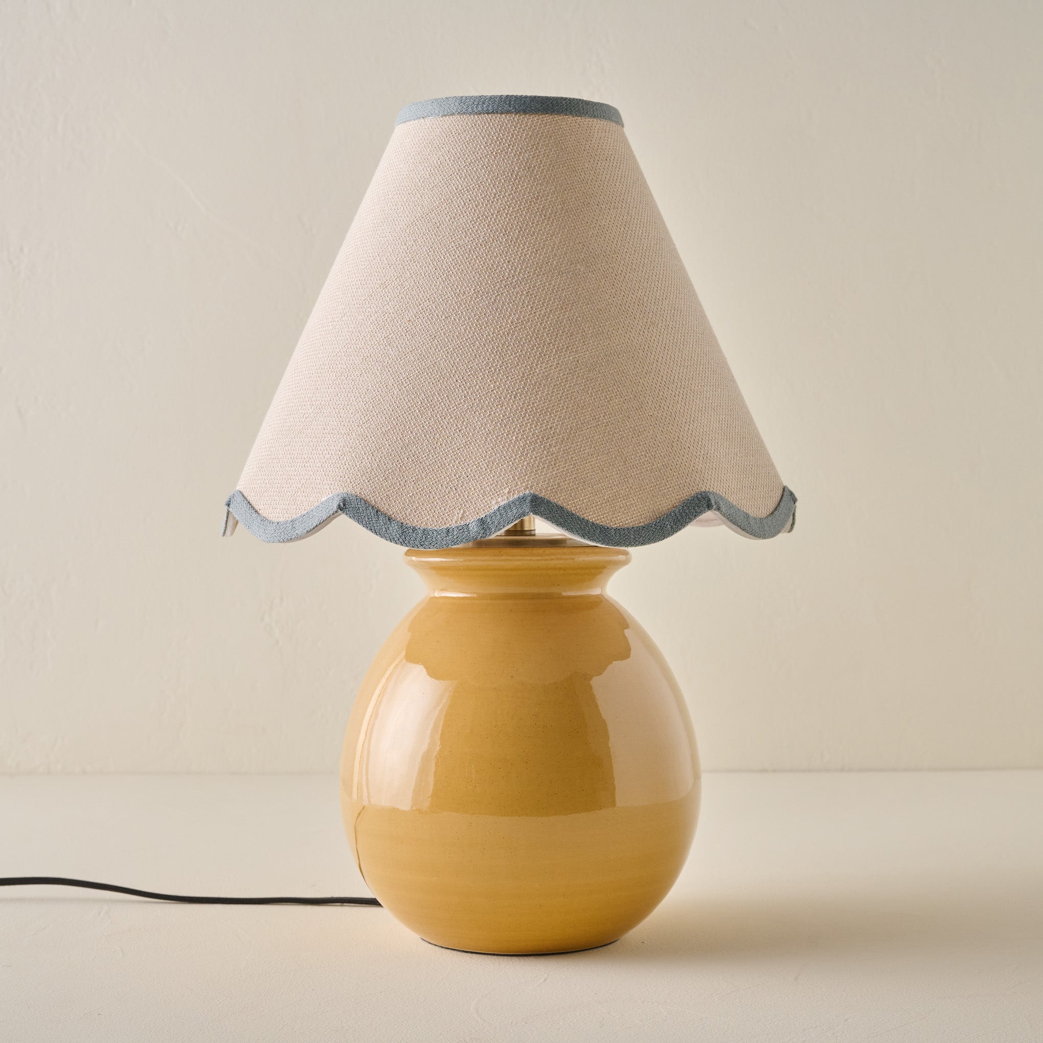 Olivia Table Lamp - Wheat with Blue Wavy Linen Shade