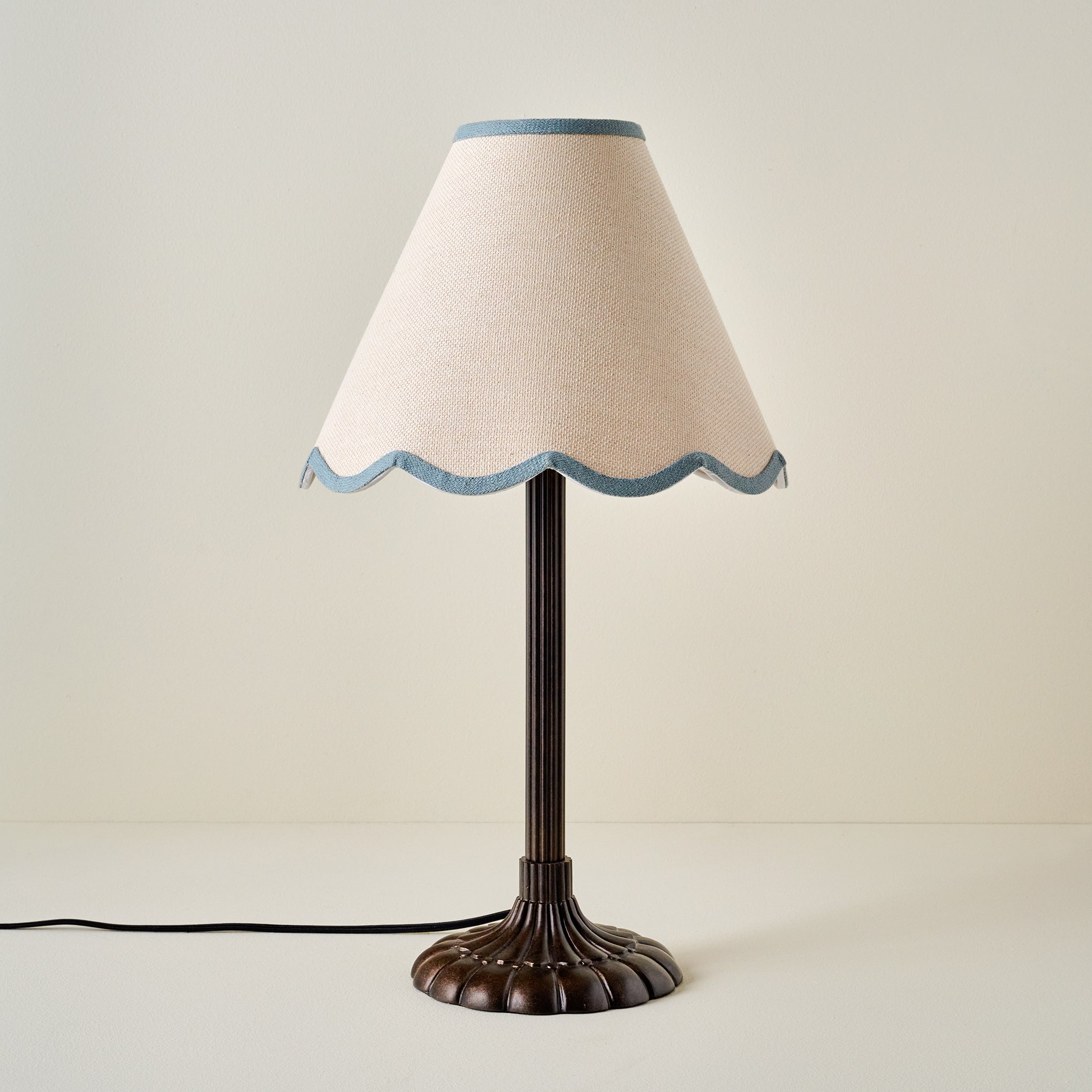 Stella Table Lamp-Bronze Scallop with Blue Wavy Linen Shade $168.00