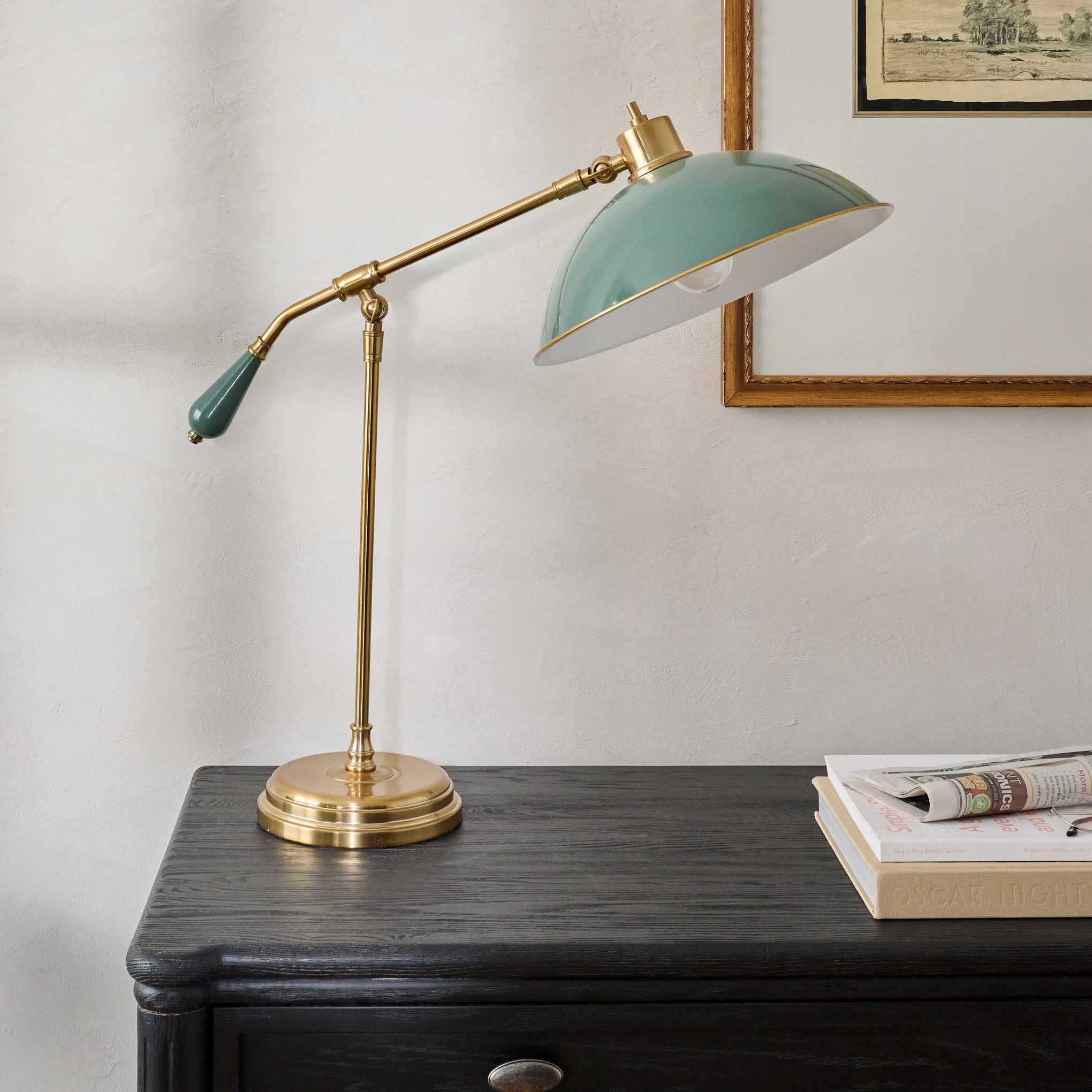 Retro Green Castle Task Lamp shown sitting on desk $198.00