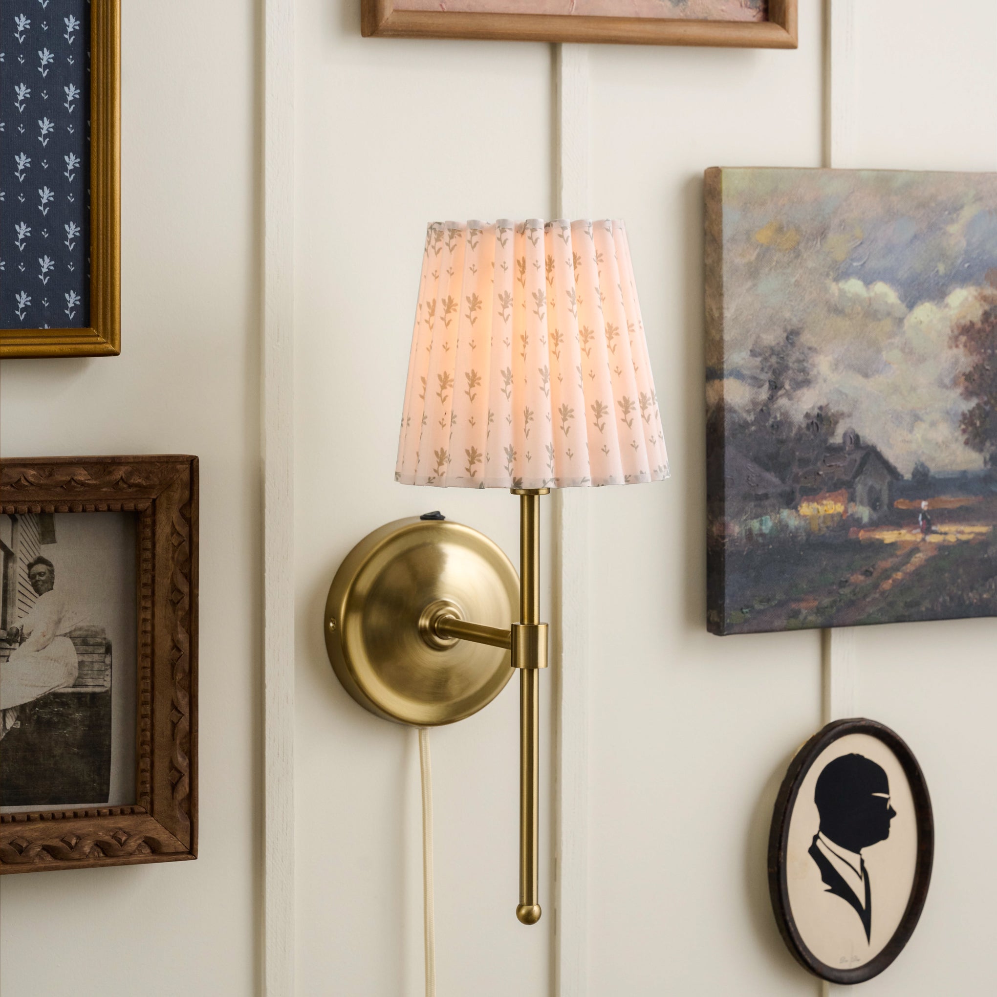 Hattie Block Print Plug-in Sconce shown on wall $118.00