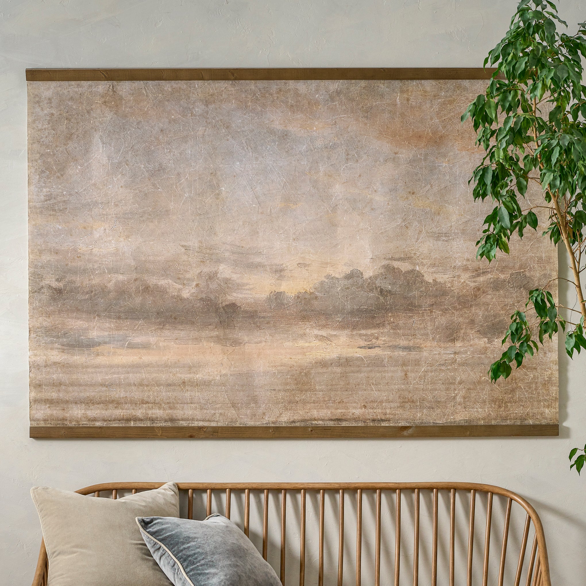 Oversized Celestial Drifts Vintage Tapestry shown hung above bench $168.00