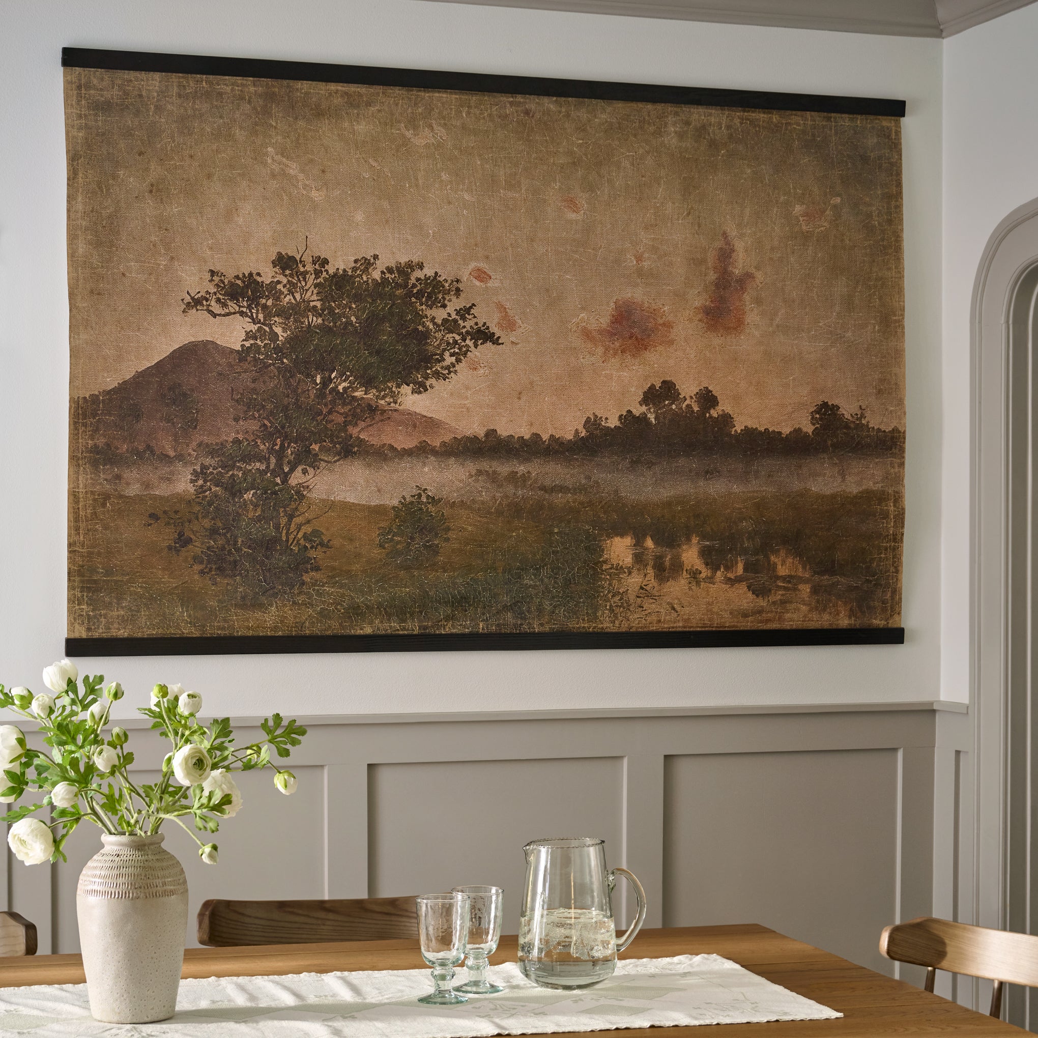 Oversized Vintage Vista Tapestry in a dining room $168.00