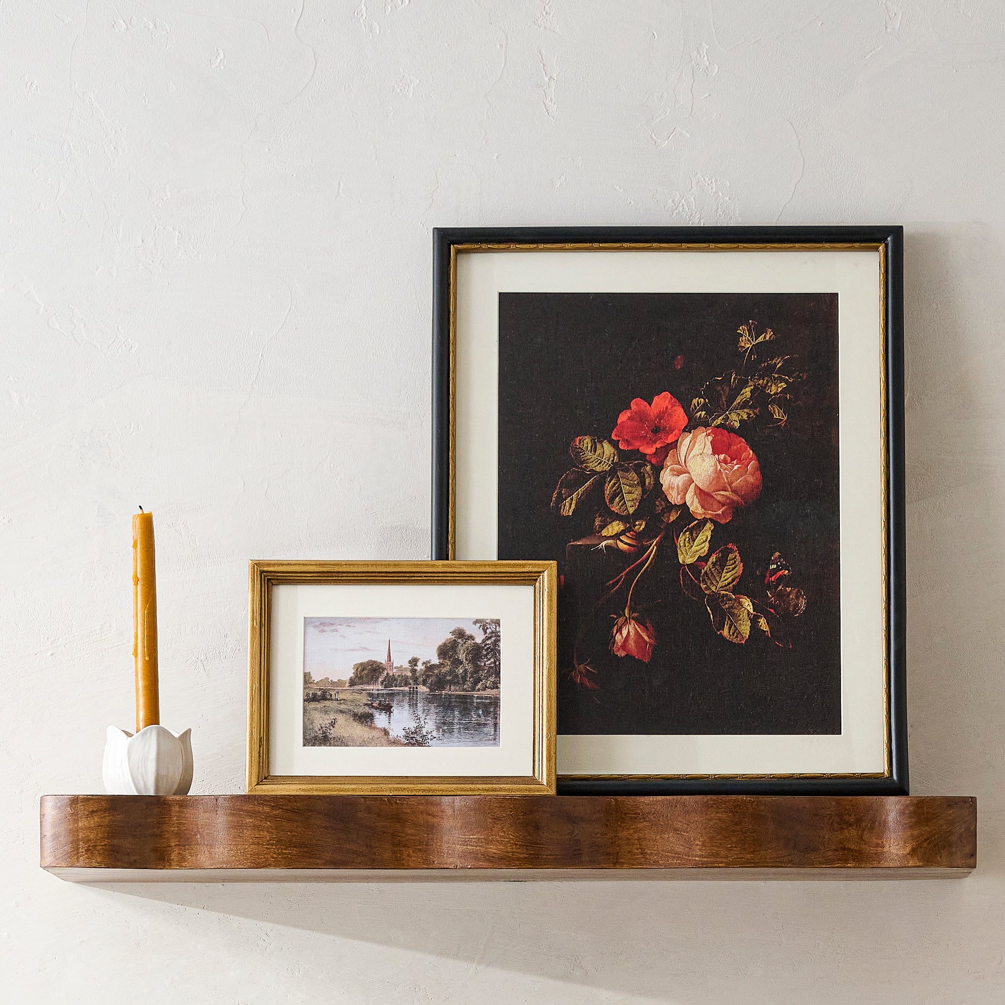 Vintage Peony in Bloom on shelf with another painting and a taper holder  $64.00