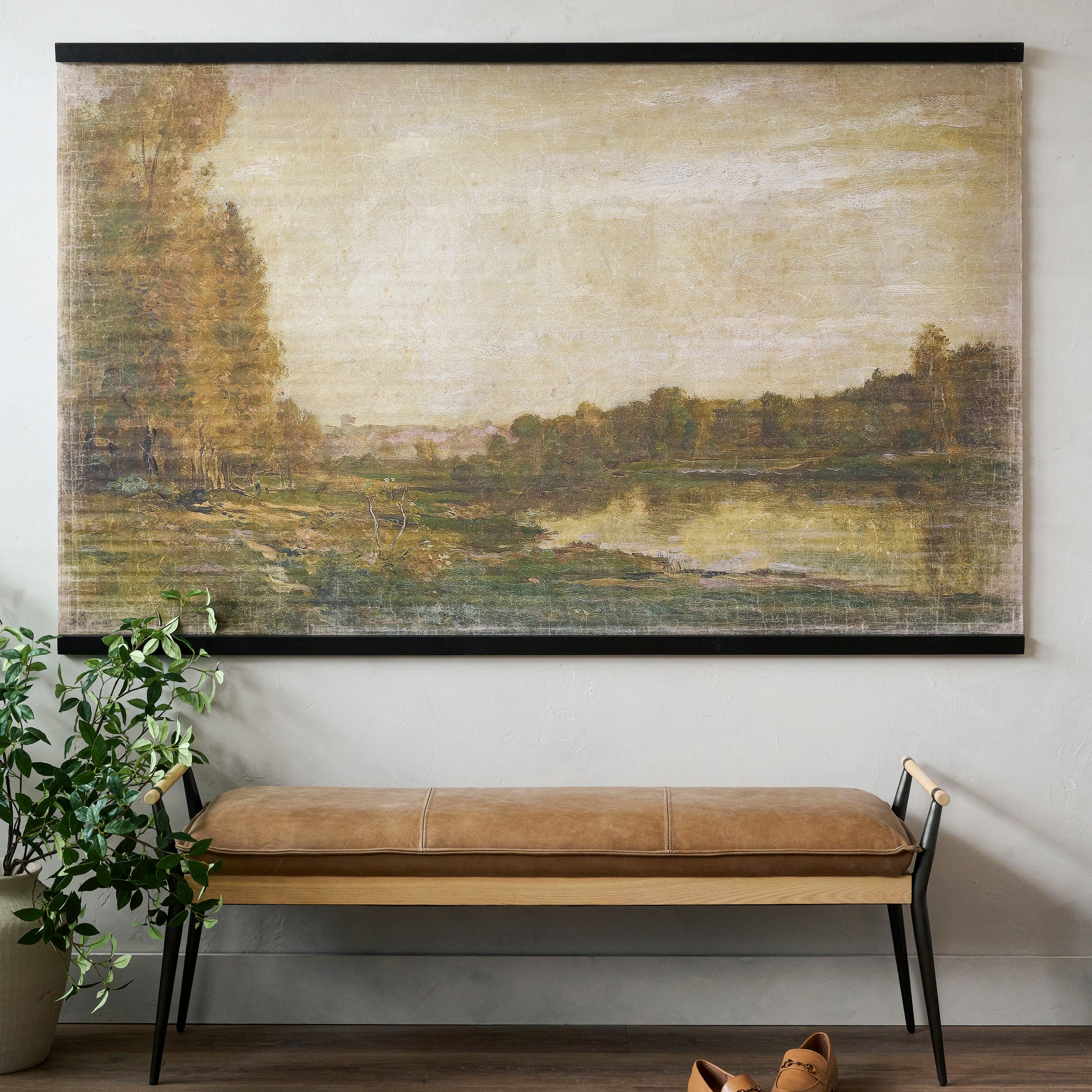 Oversized Vintage Landscape Tapestry hanging above a bench in an entryway $218.00