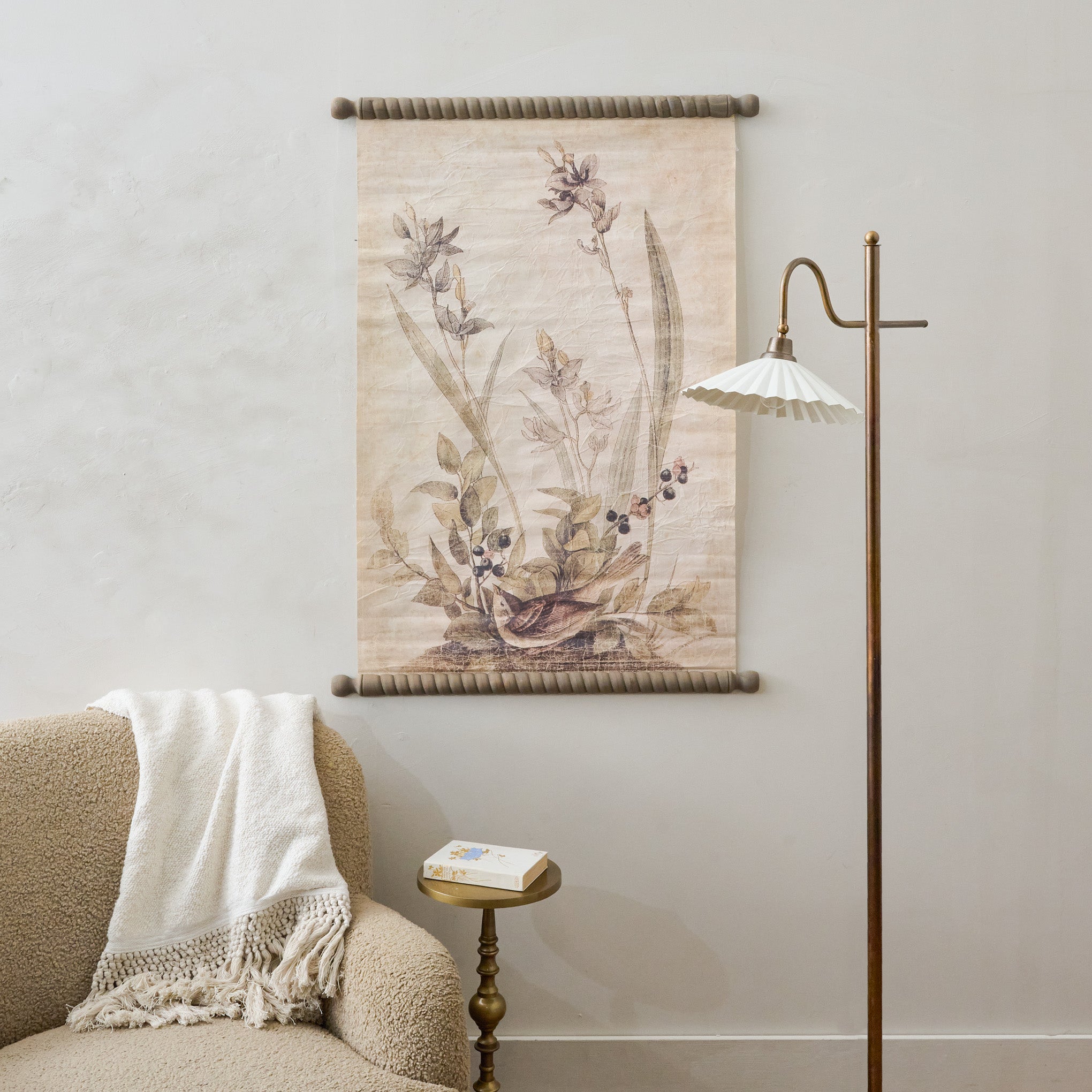 Spring Sparrow Tapestry shown by living room furniture