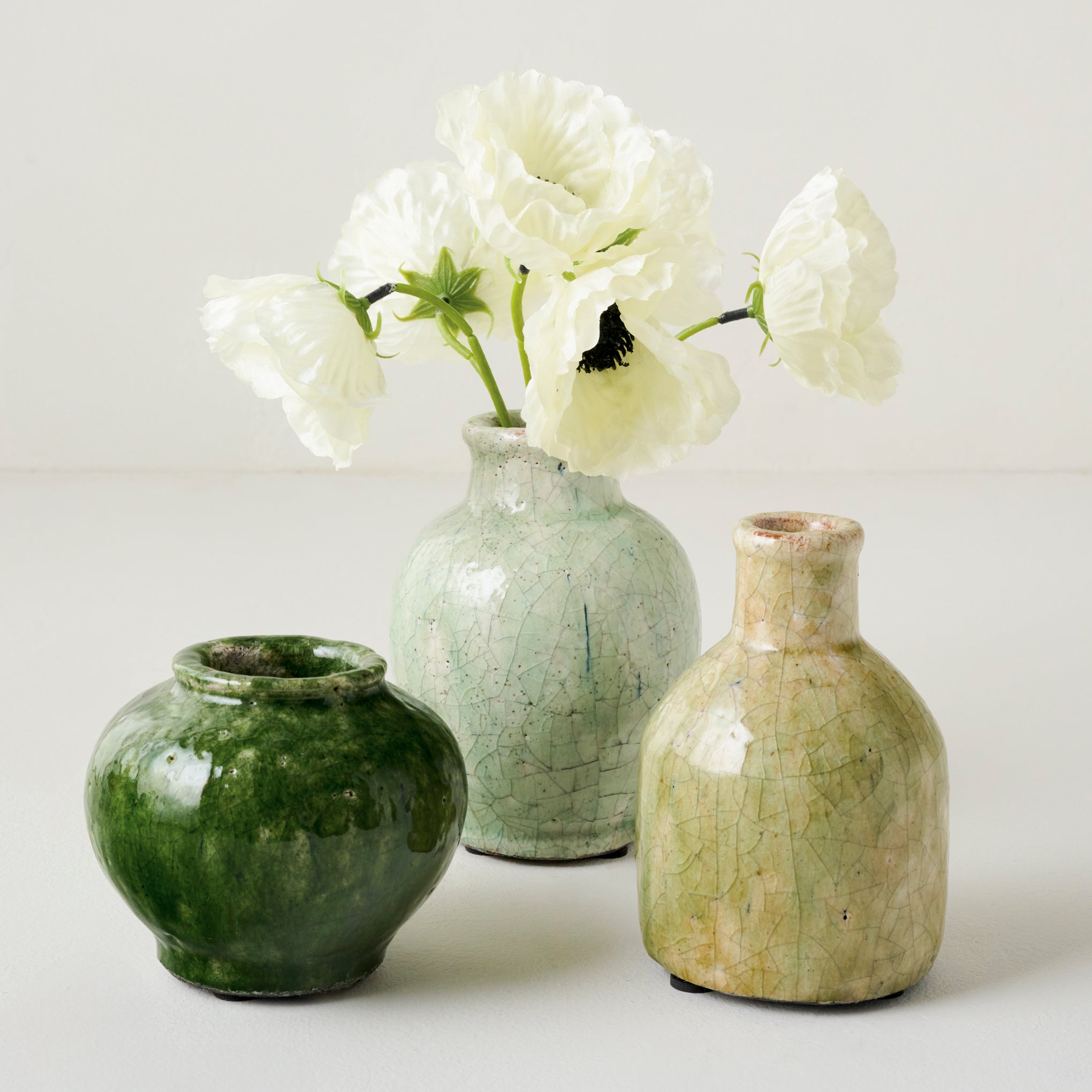 Blair Crackle Glaze Bud Vases shown together Items range from $12.00 to $14.00