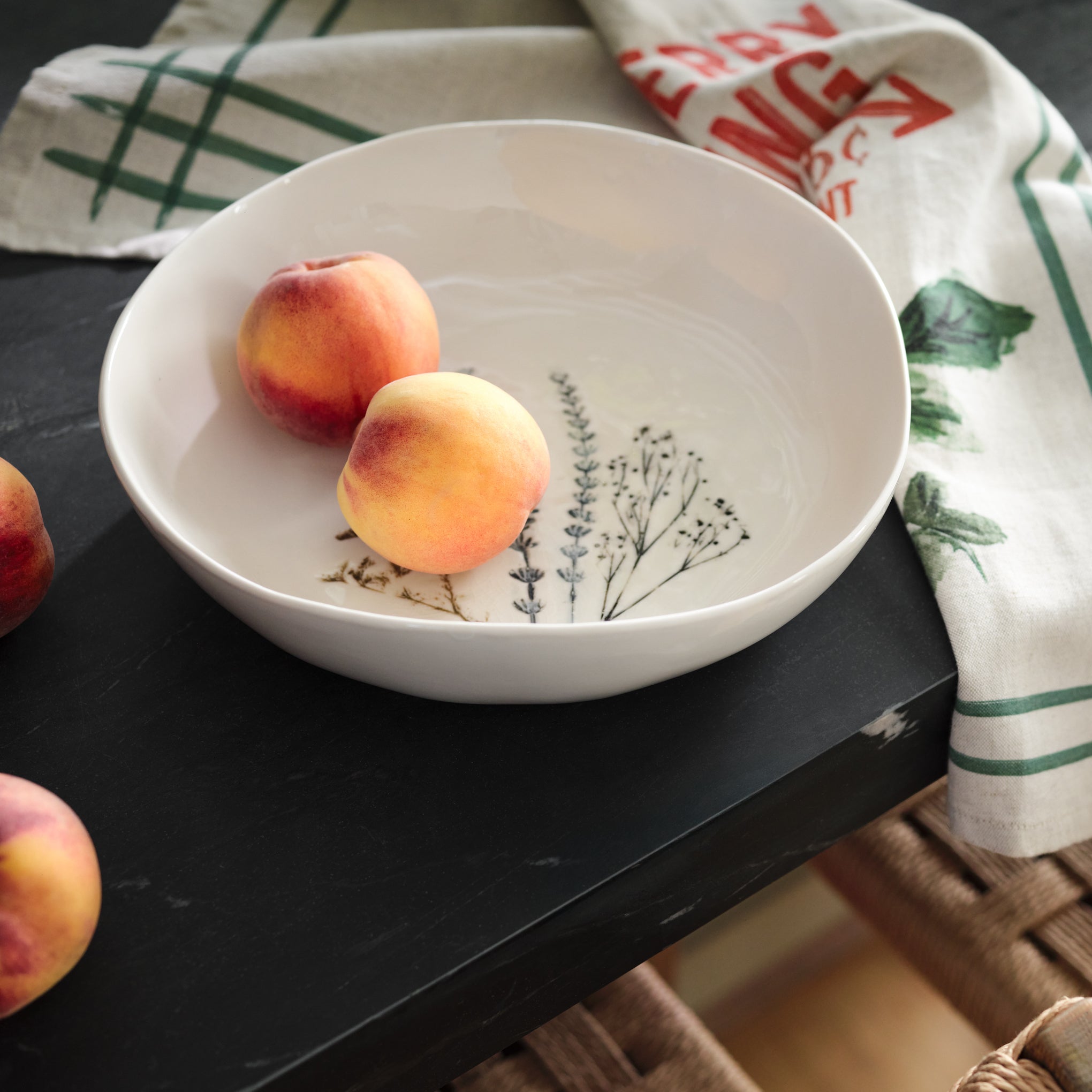 pressed floral pasta bowl with peaches