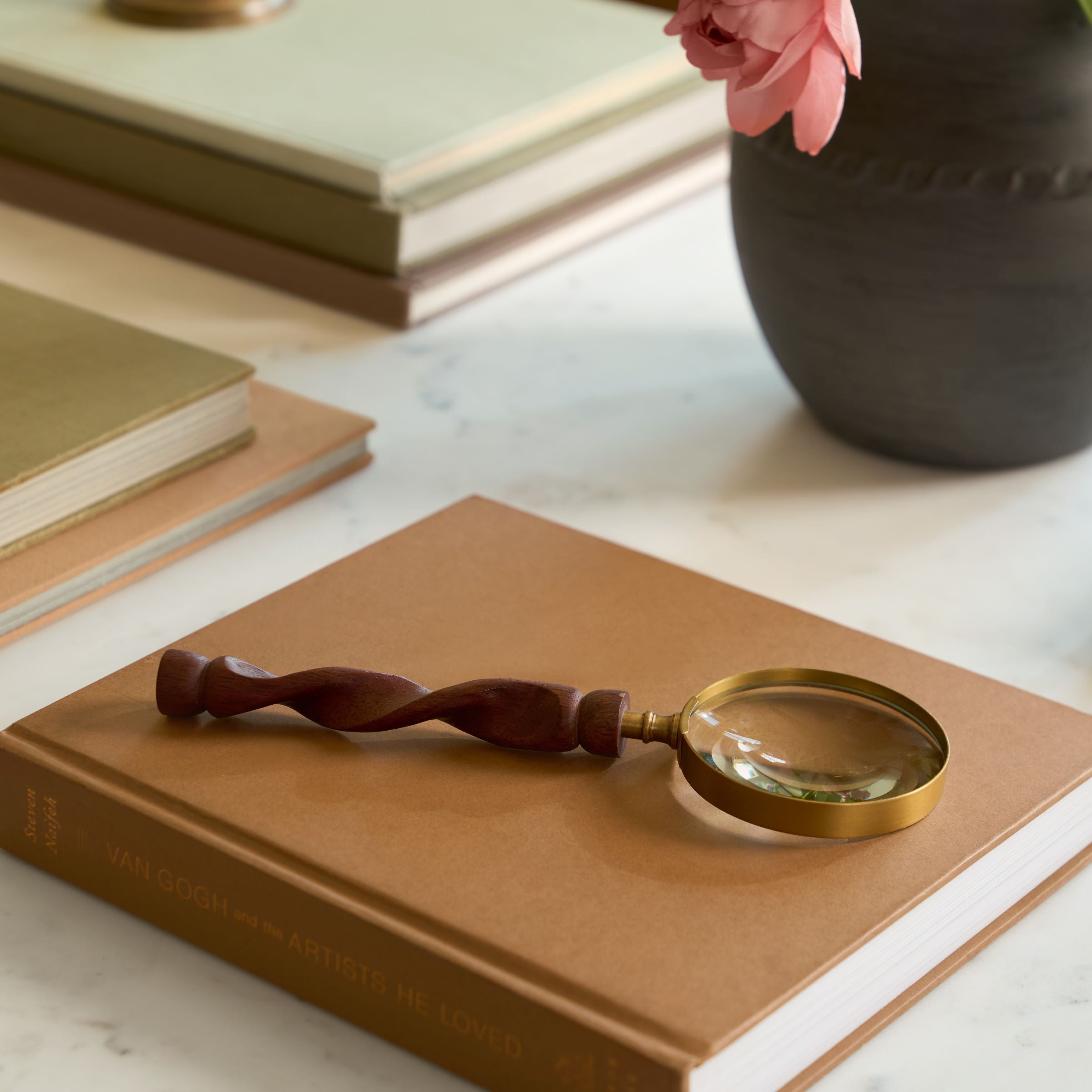 Barley Twist Handle Magnifying Glass displayed on coffee table $22.00