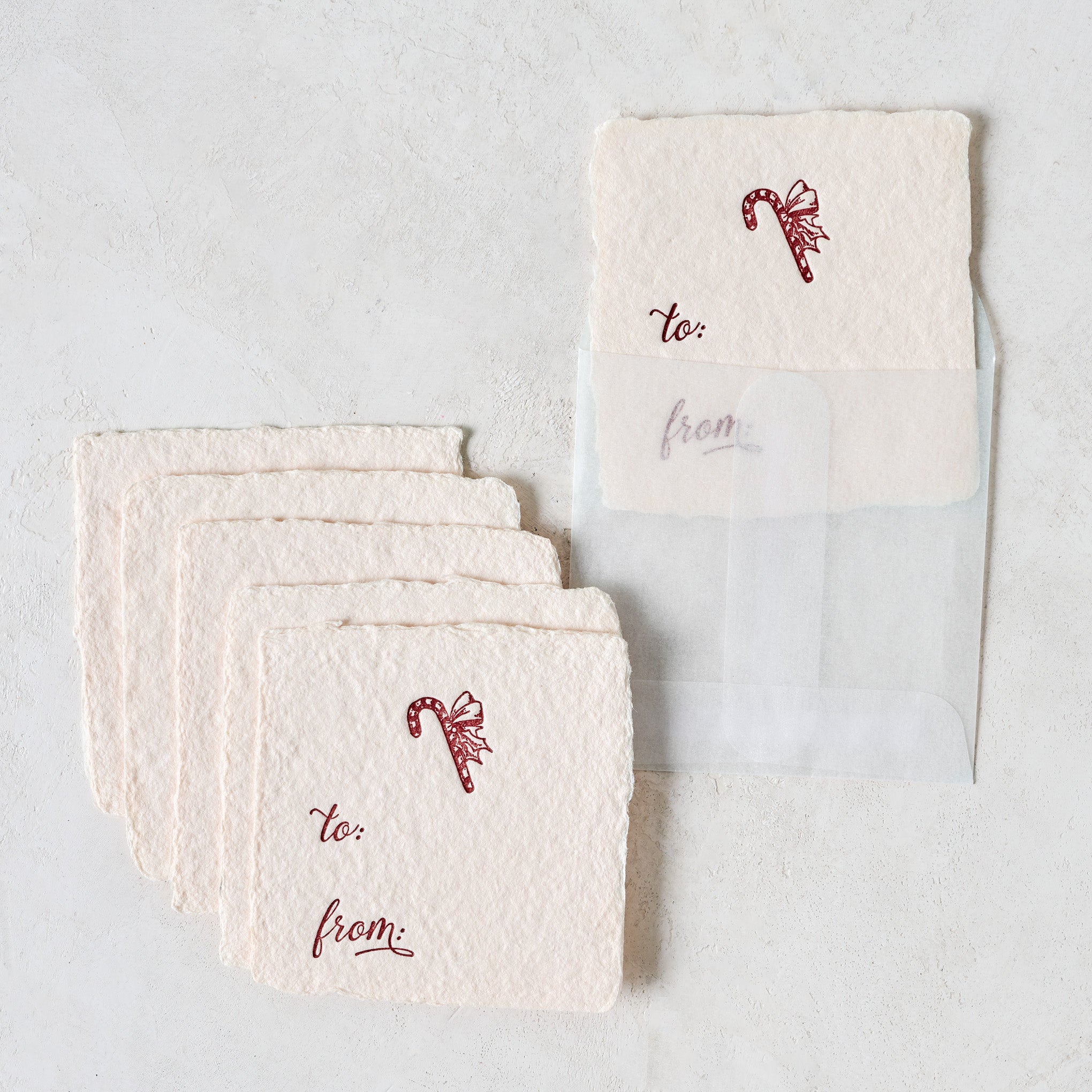 Candy Cane Handmade Paper Tag Set shown with envelope
