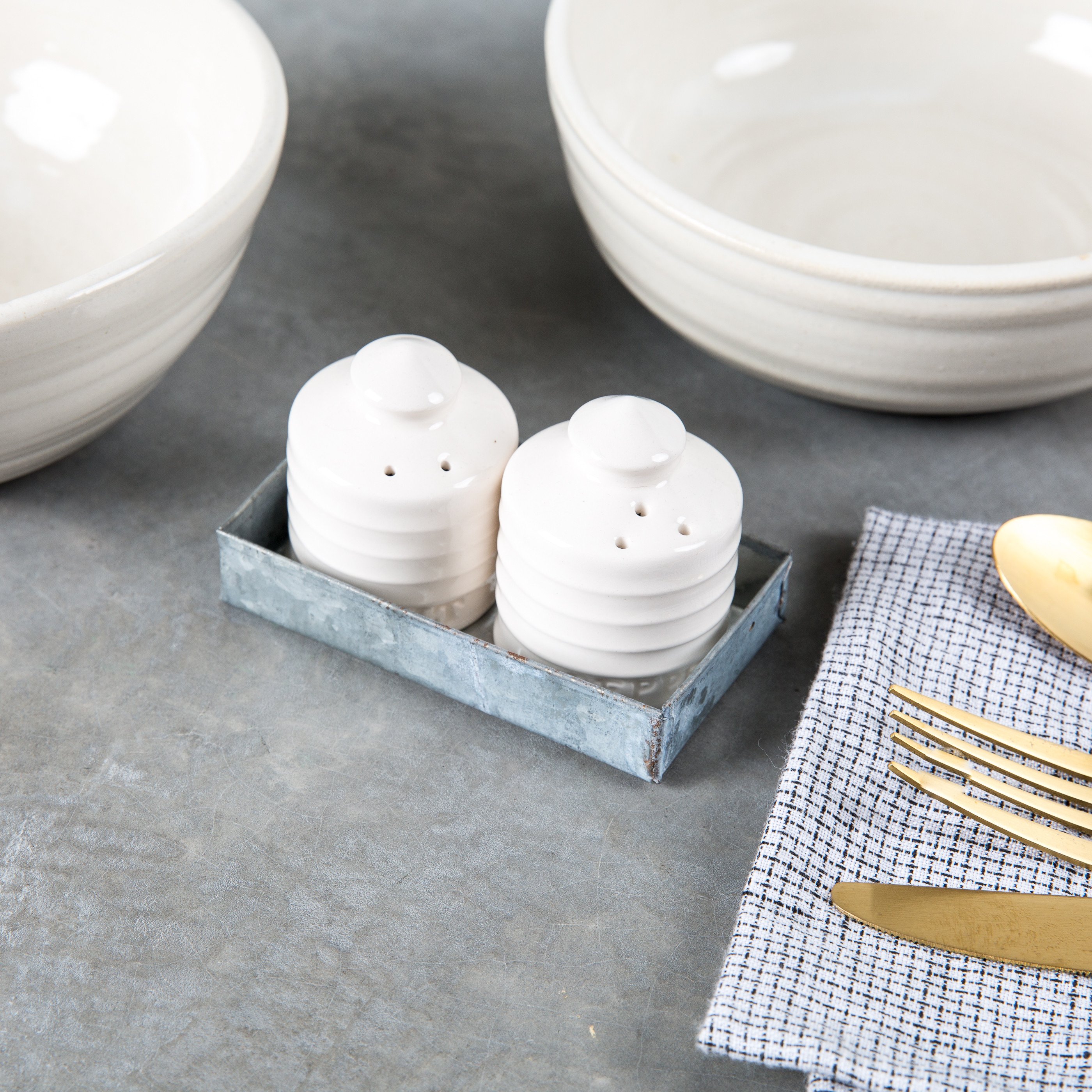 white ceramic salt and pepper shaker set shaped like silos in galvanized tin tray set $14.00