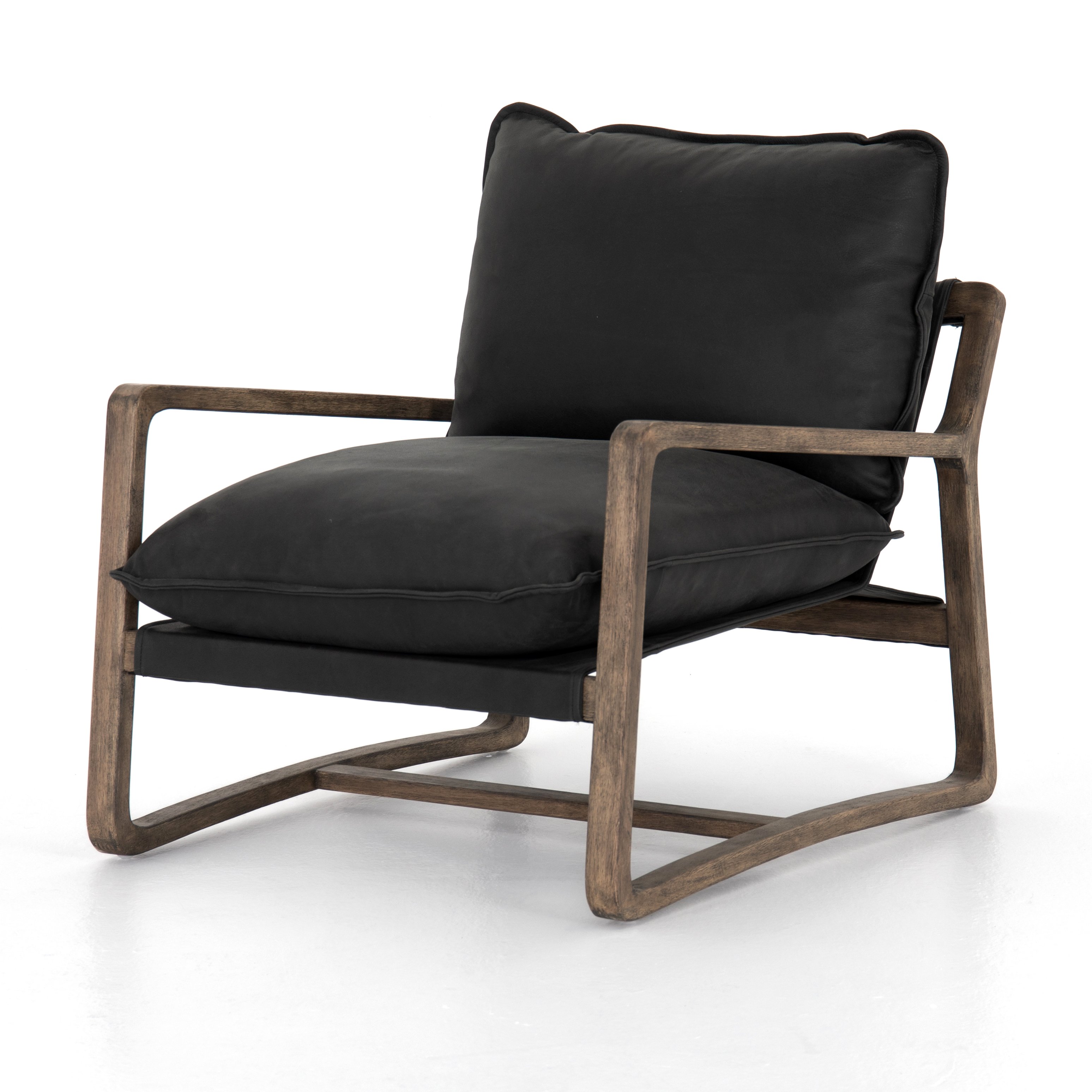 black leather arm chair with wooden show frame