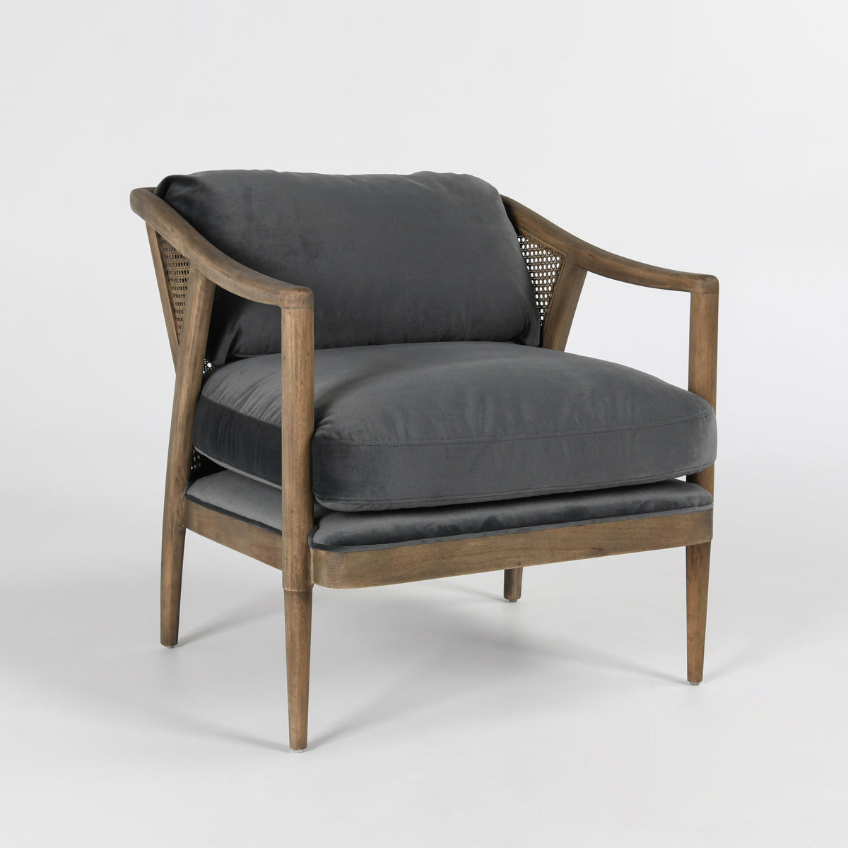 Hollis accent chair in velvet storm angled view