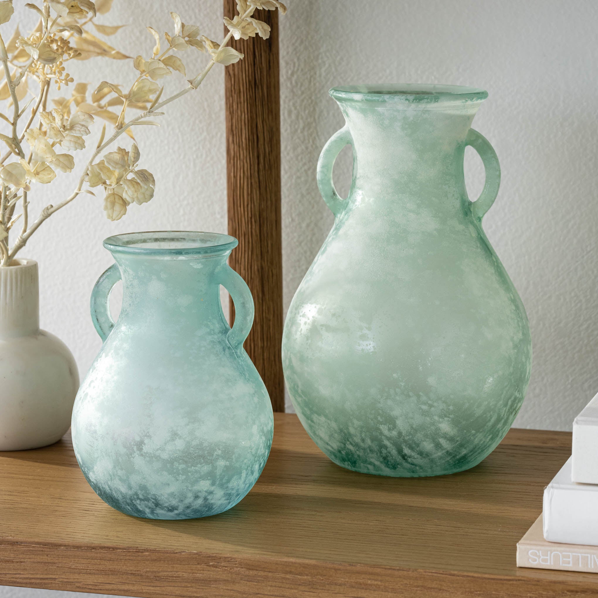 Estelle Handled Frosted Seaglass Vase On sale for $40.60, discounted from $58.00