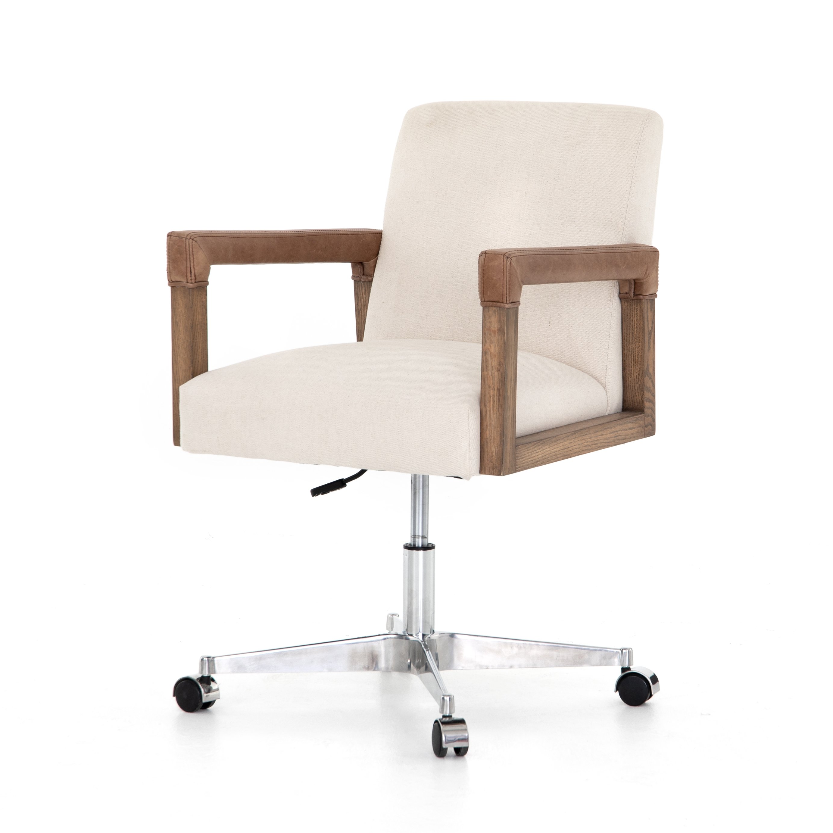 cream linen desk chair with leather-wrapped wooden arms and chrome metal base with wheels $849.00