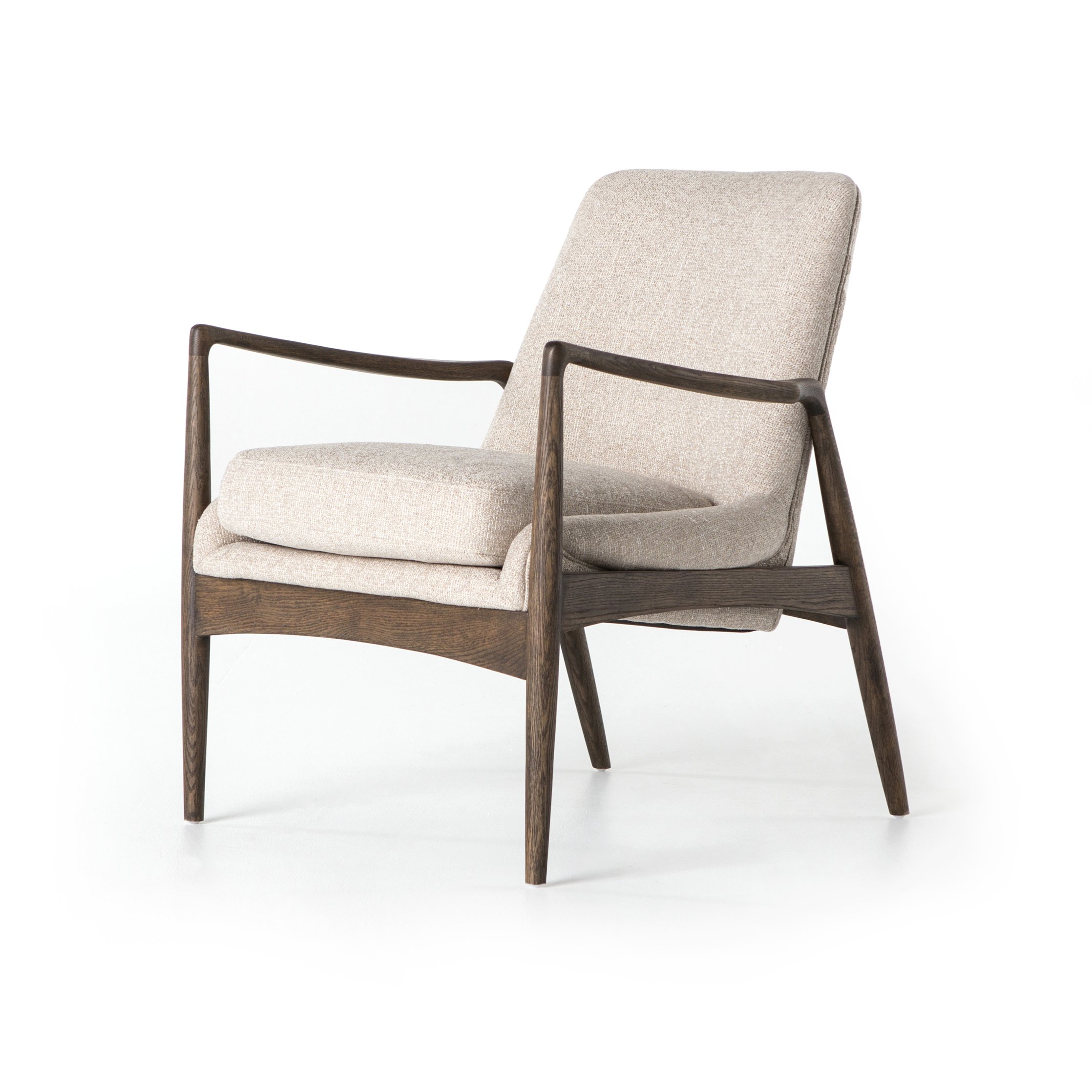 cream fabric mid century modern arm chair with wooden arms and legs Items range from $799.00 to $1349.00