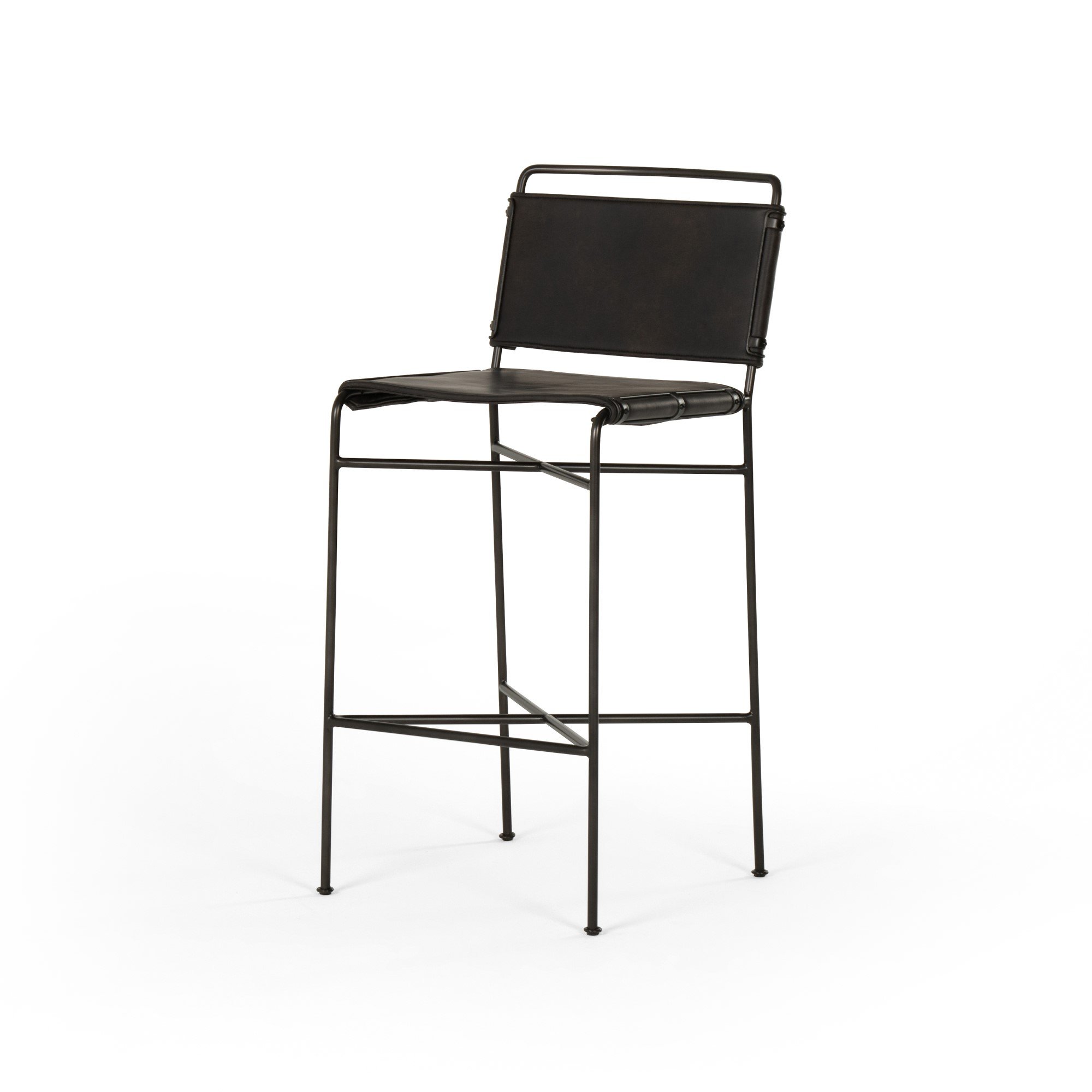 black metal bar stool with black leather seat and back