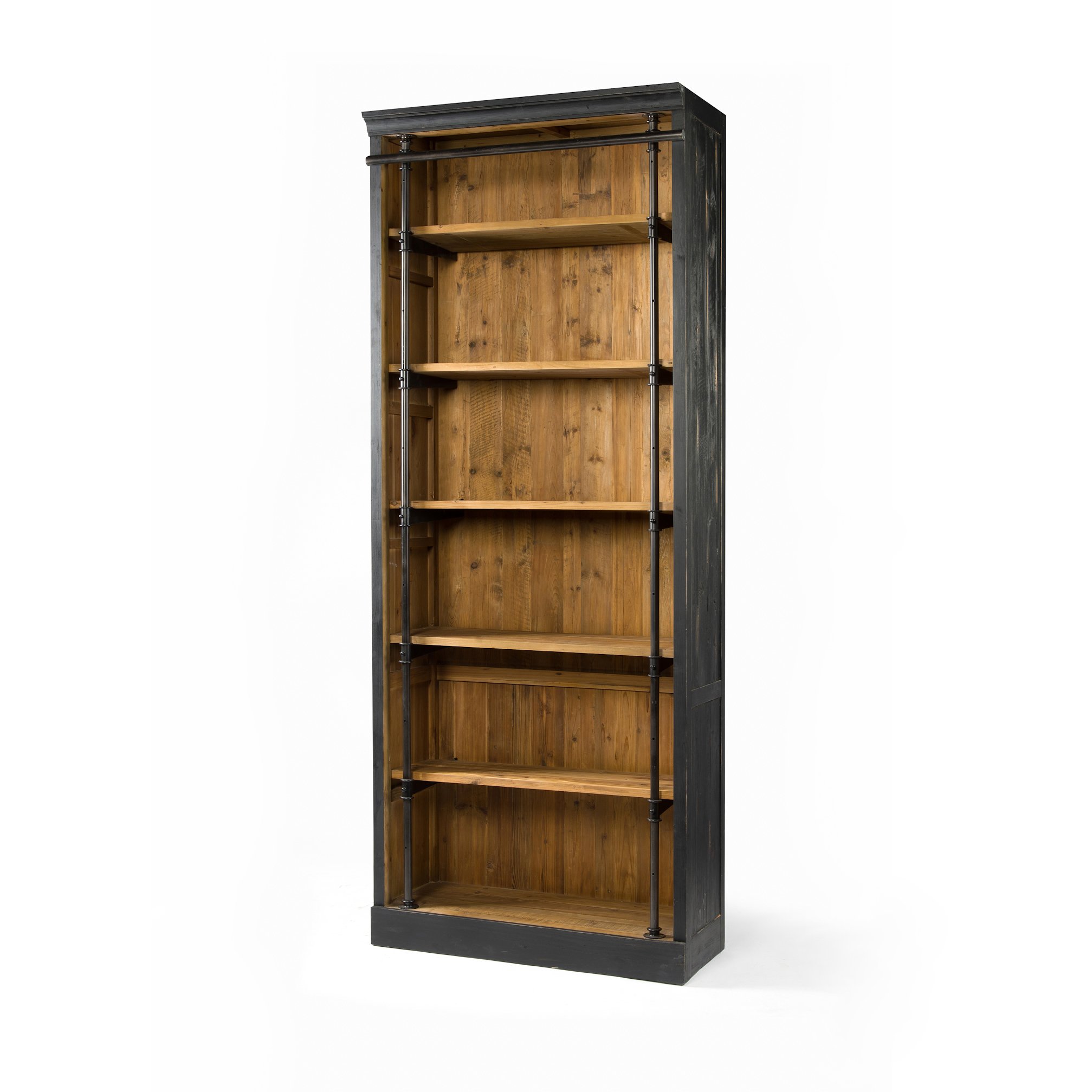 tall bookcase with black distressed finish on exterior and natural pine interior $2599.00