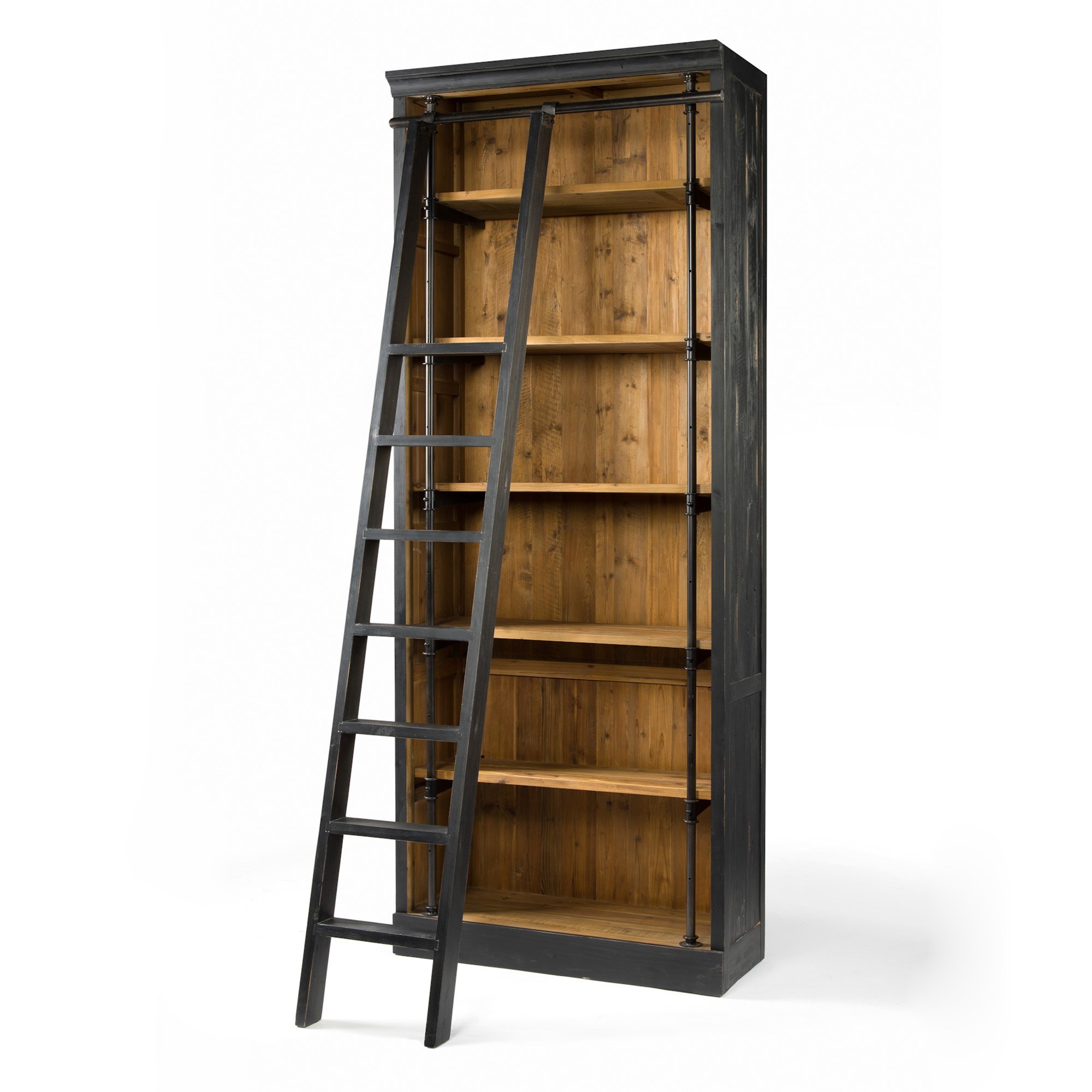 Distressed black wooden bookcase and ladder with stained wooden interior 
