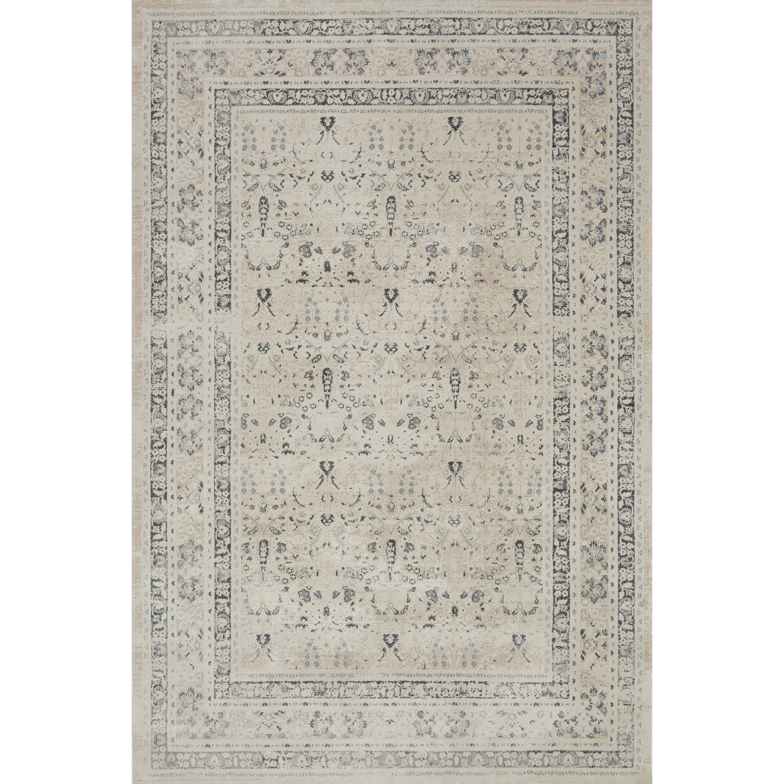 ivory and tan distressed rug with floral detail