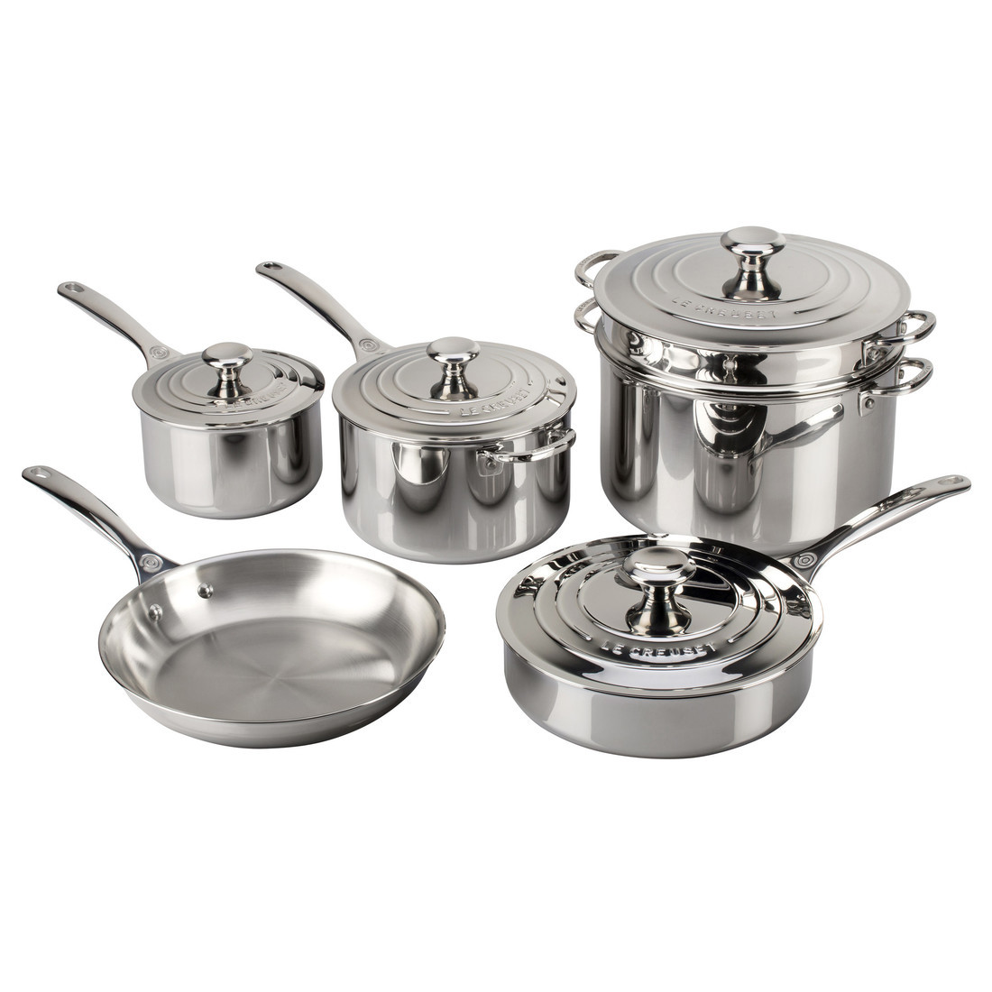 le creuset stainless steel 10-piece cookware set $850.00