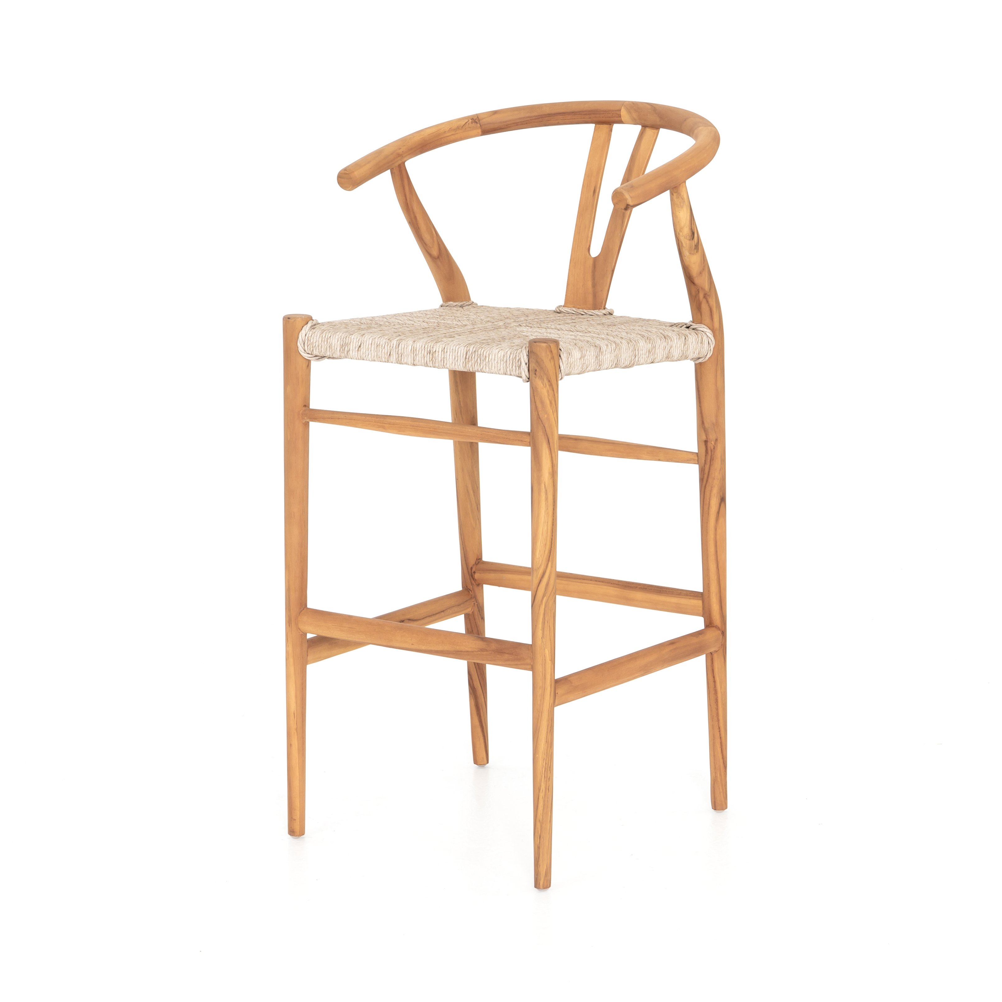 natural teak with matte finish bar stool with curved back and woven seagrass seat $699.00