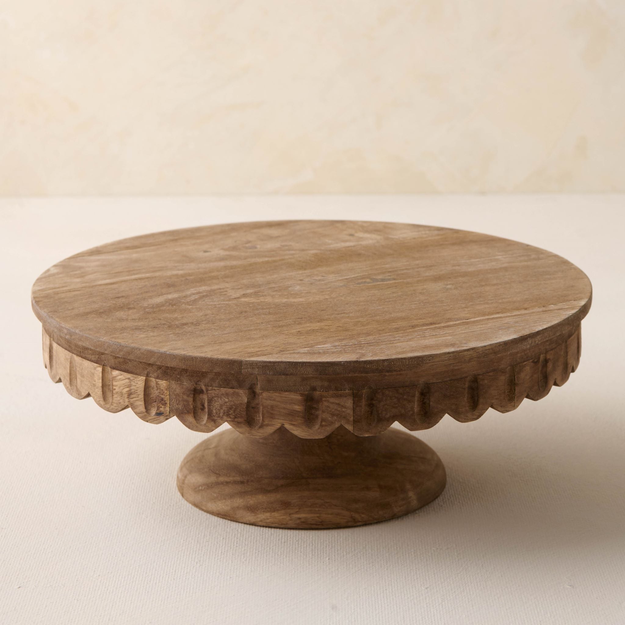 magnolia antiqued wood scalloped cake stand