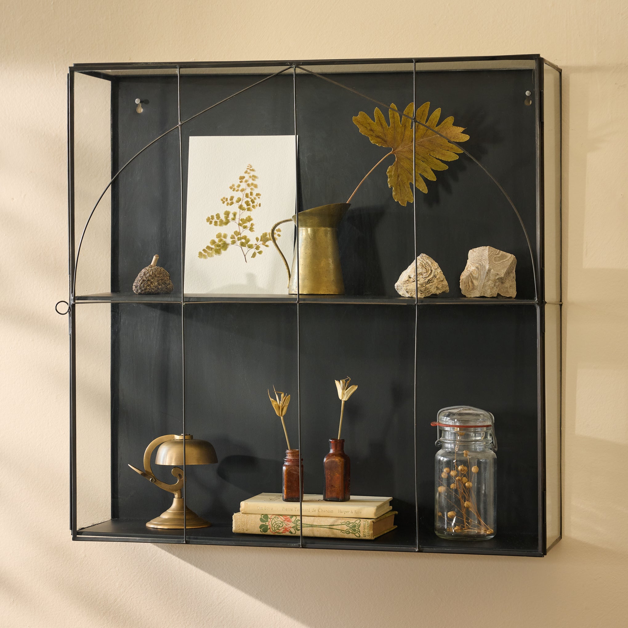 Greenhouse Glass Wall Cabinet with objects on shelves $98.00
