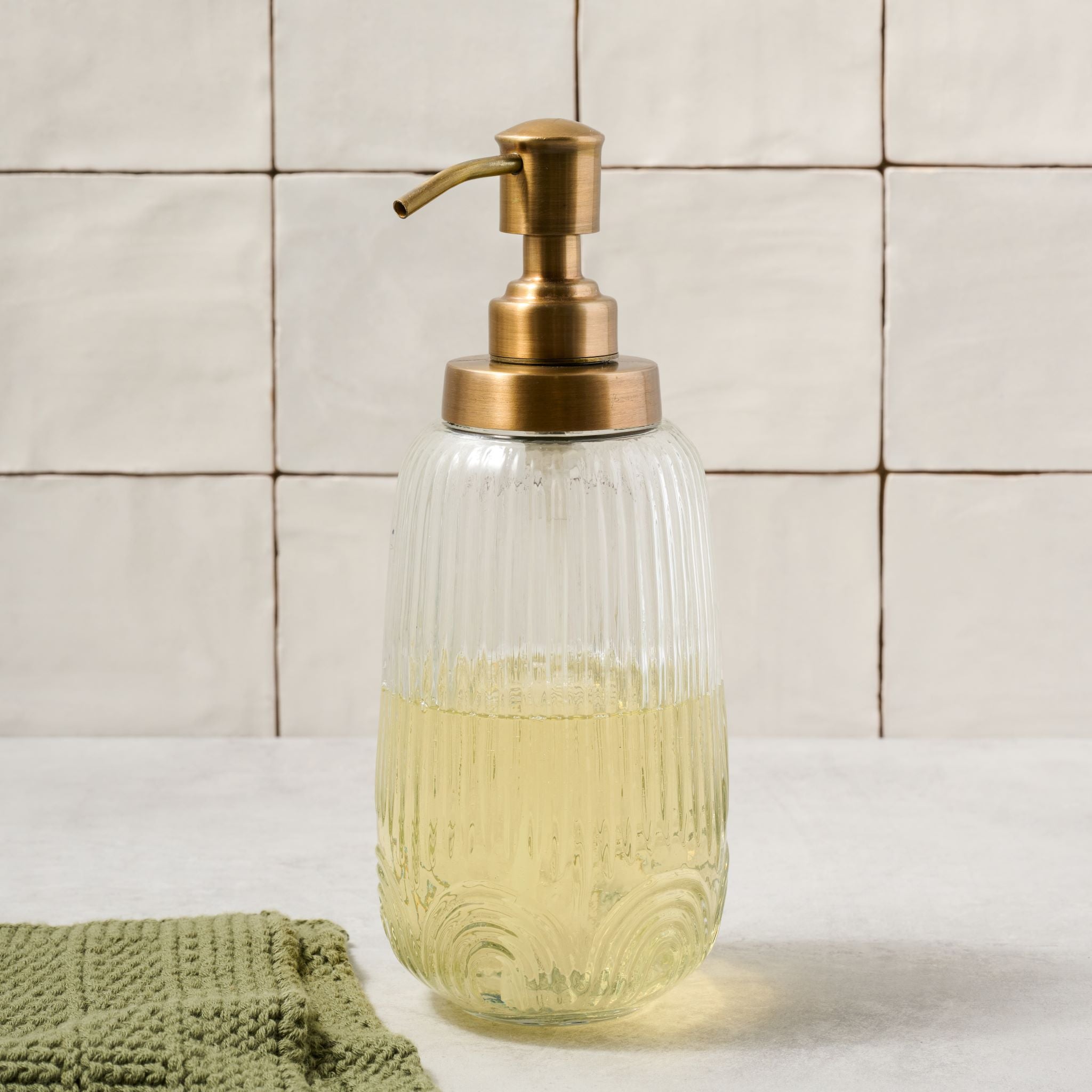 Etched Glass and Brass Soap Dispenser $20.00
