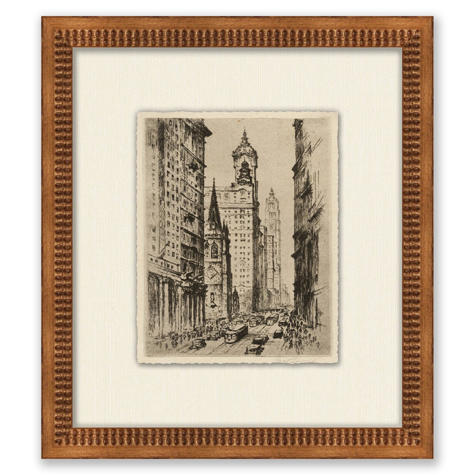 sketch of manhattan in wooden frame with textured cream mat