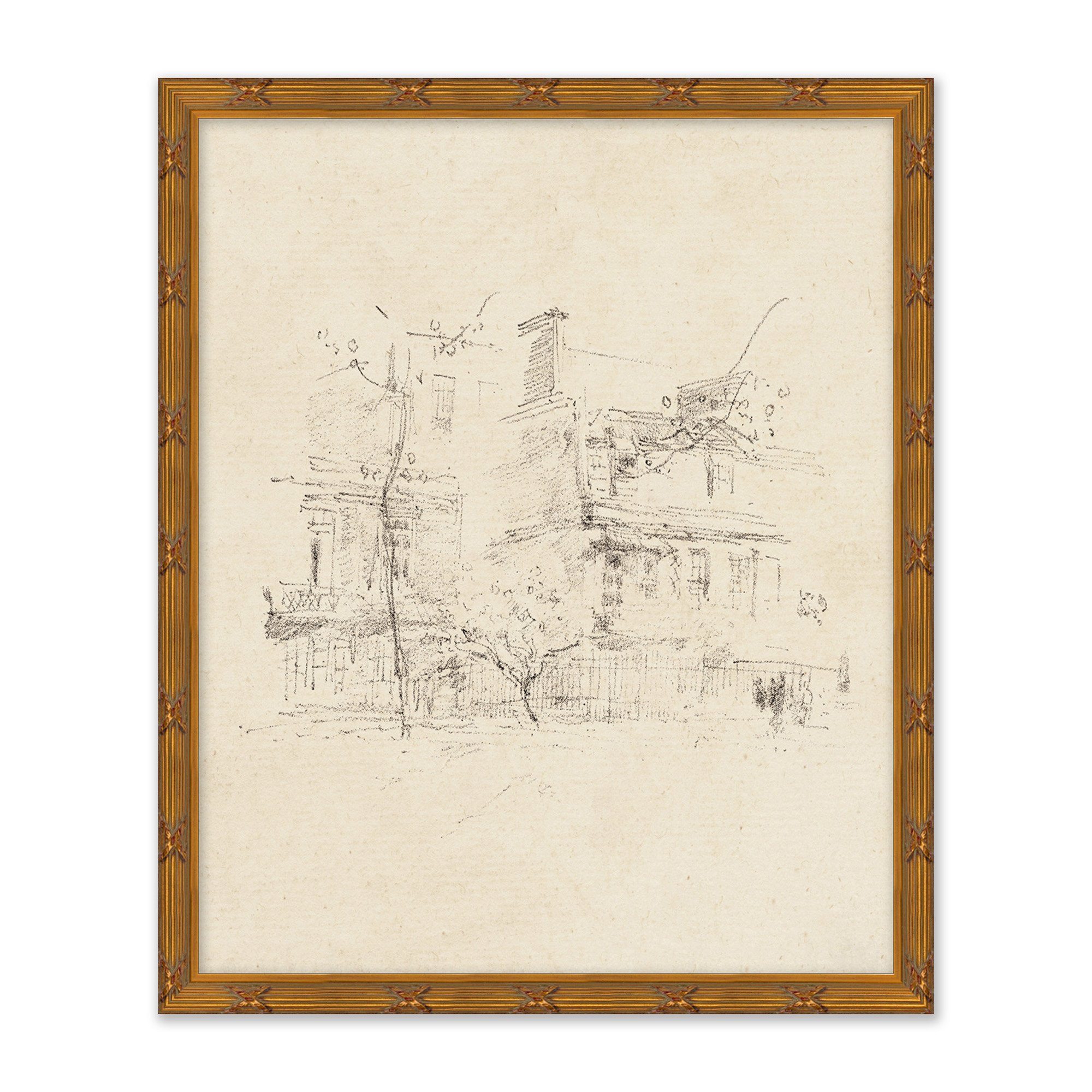 framed distressed sketch of old houses in gold frame $148.00