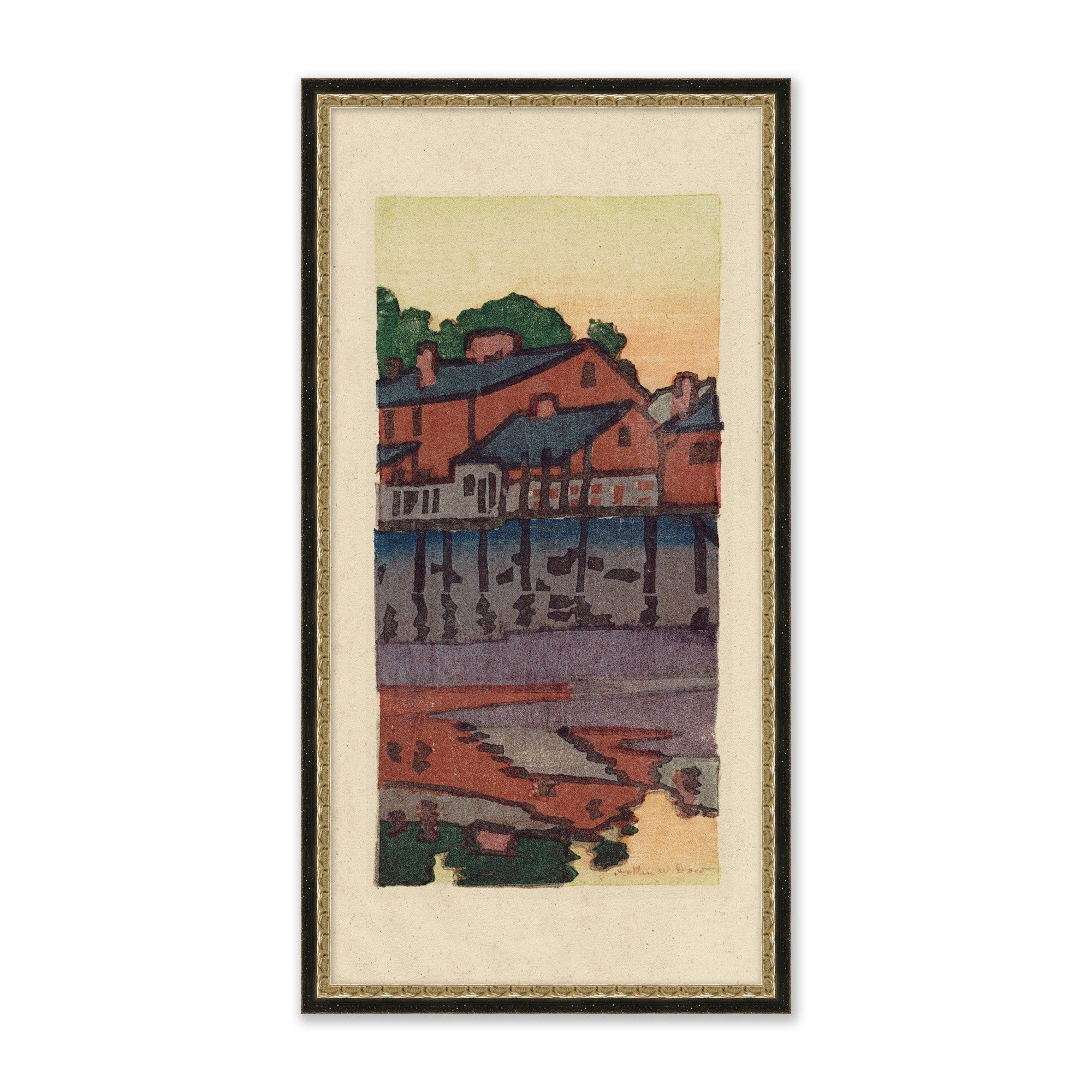 framed painting of a colorful valley village next to a lake