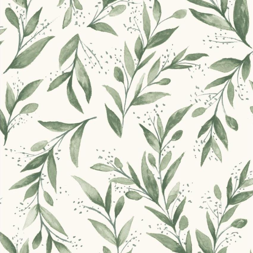 green olive branch pattern on white wallpaper